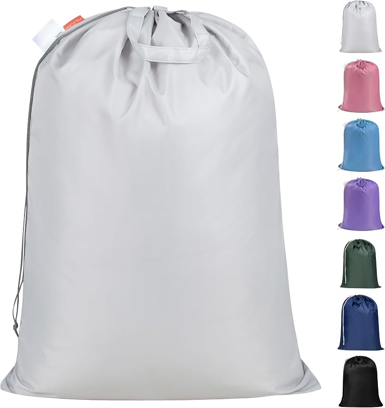 Bolsa de lavandería extra resistente con asas, plateada, 28 x 36 pulgadas | Capacidad de carga extra grande de 3 a 4, resistente de 50 lb, etiqueta de identificación con nombre, forro para cesto y cesta, costuras reforzadas, cierre de cordón