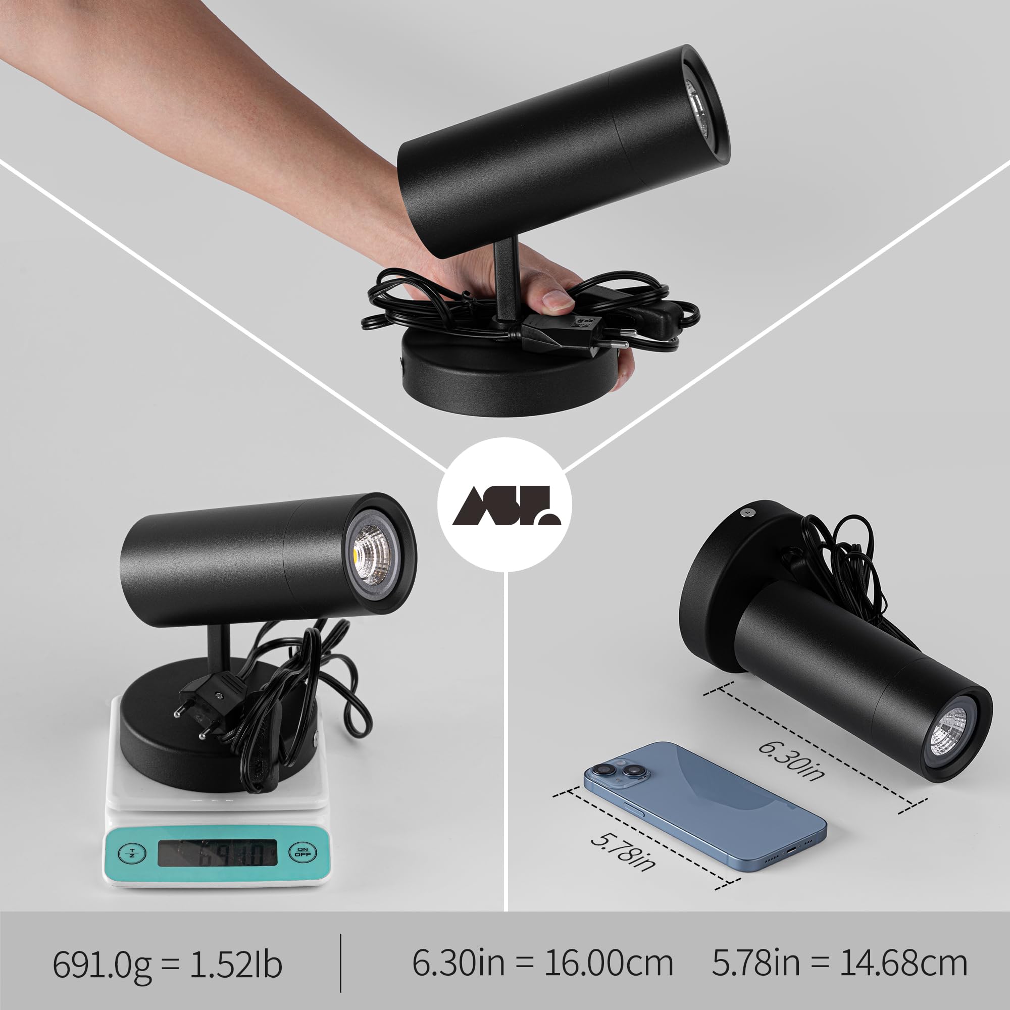 Aisilan Wandlampe Innen mit Stecker Schwarz mit GU10 LED Leuchtmittel Moderne Wandleuchte mit Schalter und Kabel Drehbar 350° Wandstrahler Vintage Wandspot für Schlafzimmer Wohnzimmer Treppenhaus