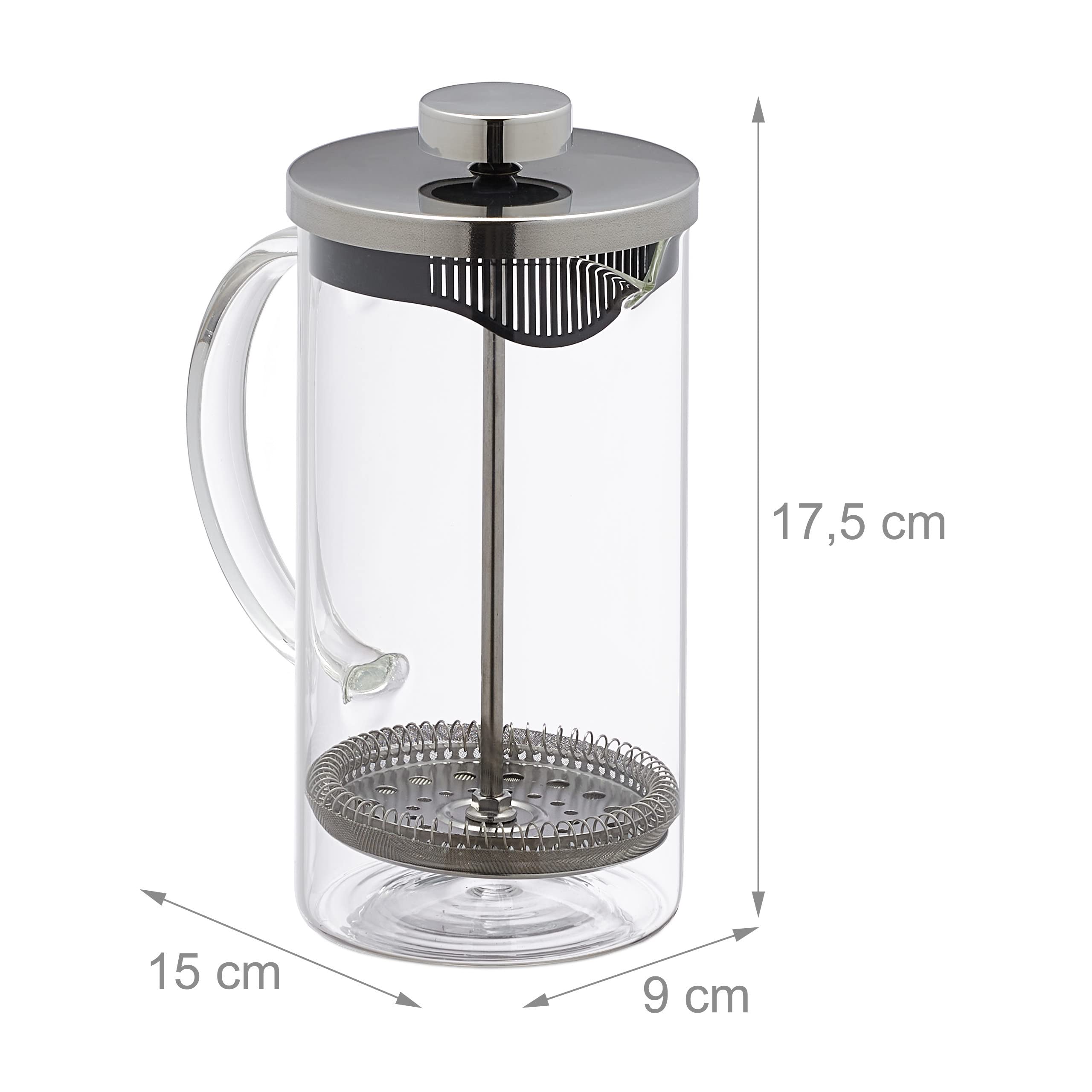 Relaxdays Cafetière Manuelle, Carafe à Piston, passoire intégrée, 600 ML, Verre et Acier Inoxydable, Transparent/argenté