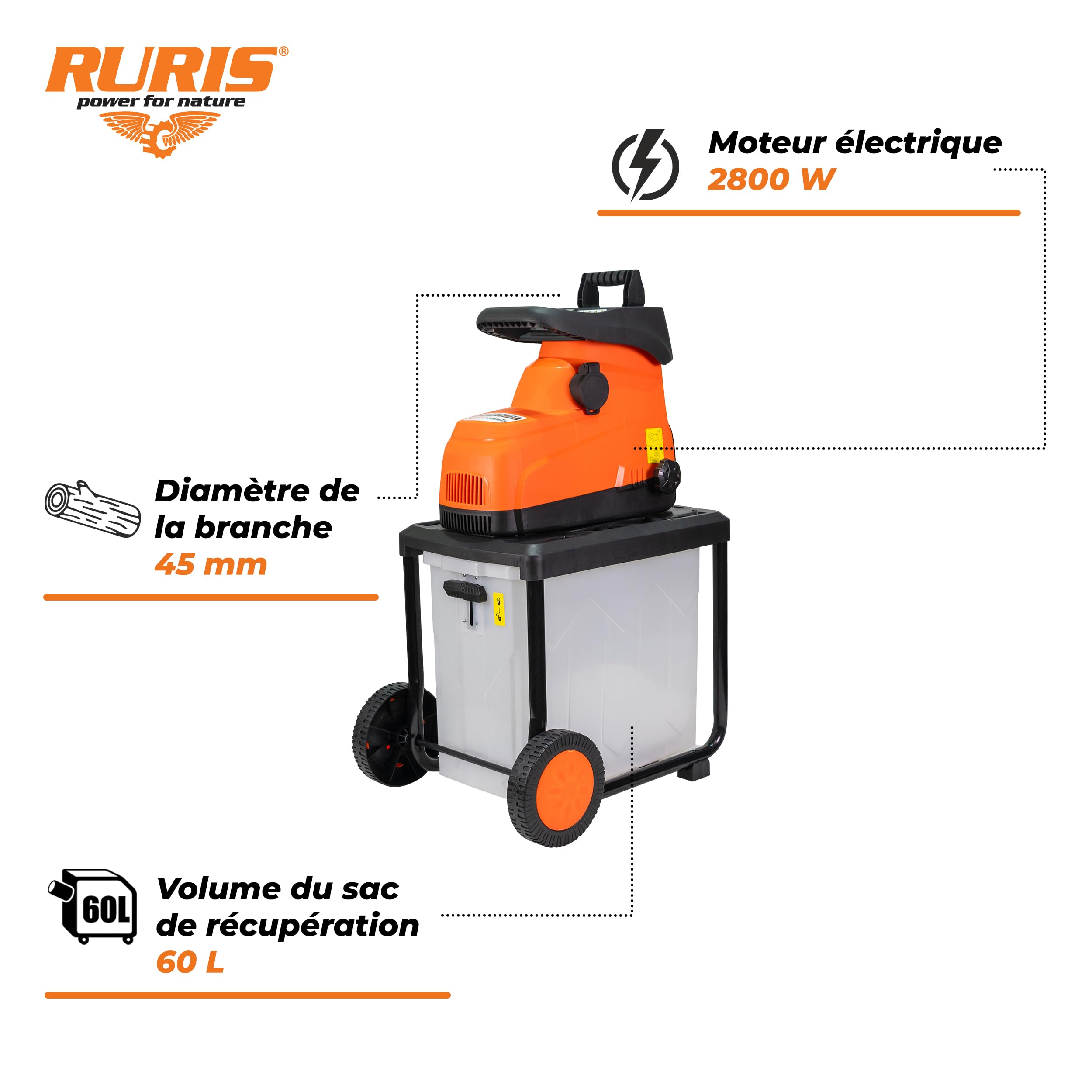 RURIS ST200s Broyeur de Végétaux Électrique 2800W 45 mm Bac 60L | Se verrouille automatiquement au bac de 60 L fermé pour une sécurité maximale