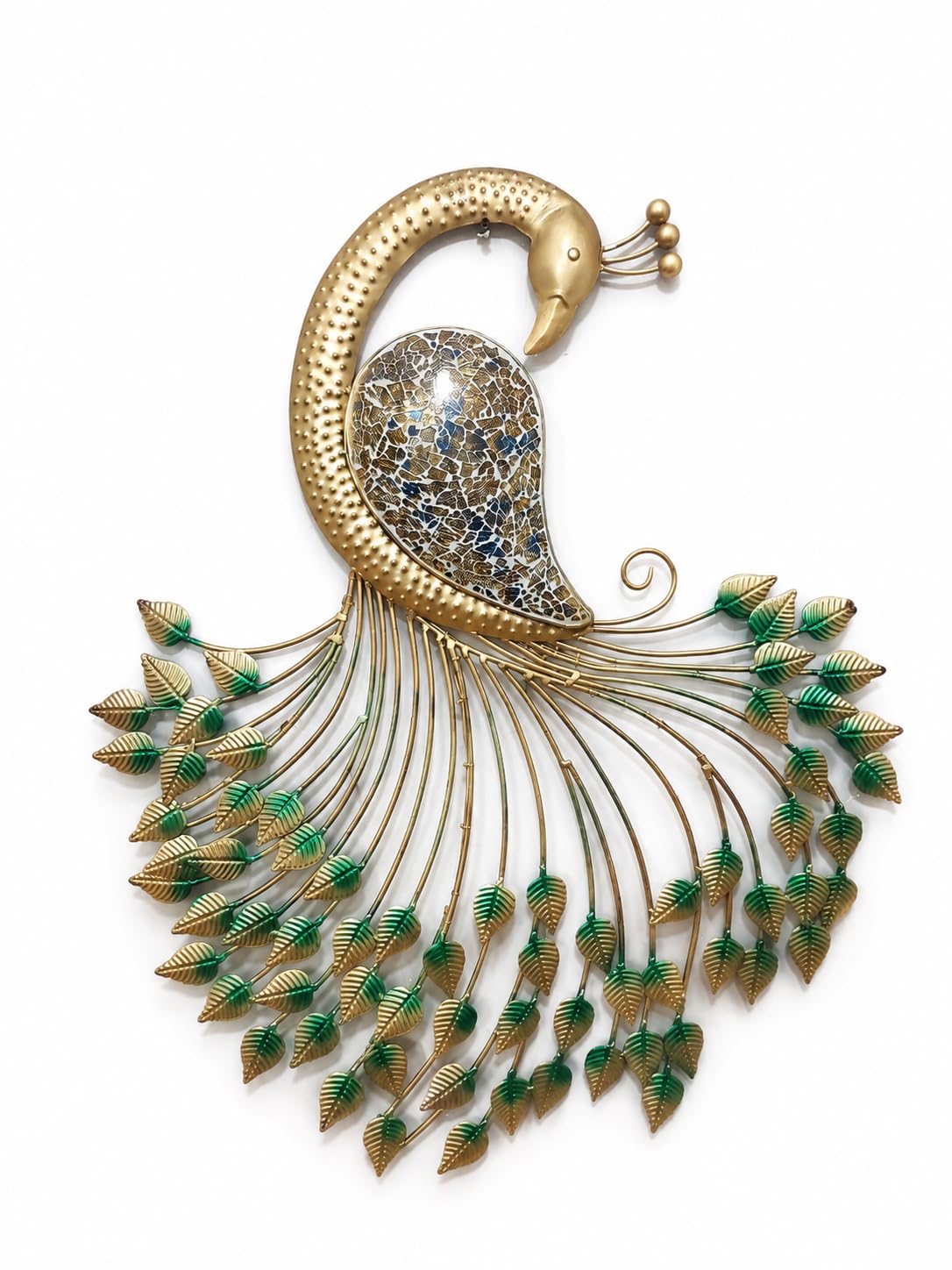 NESFUR Handcrafted Golden Peacock Metal Wall Art with Mosaic Glass & LED Light | Premium Large Iron Wall Hanging for Living Room, Bedroom, Hallway & Office | Luxury Home Decor | Green & Gold | 32 x 26.5 Inches-image-2