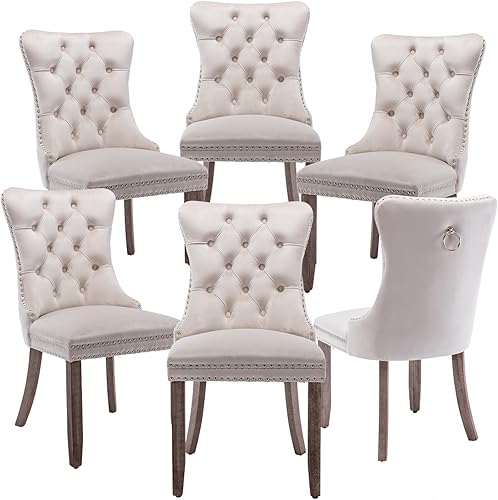 Miniatura 16 de Juego de 4 sillas de cocina modernas de terciopelo gris con anillo trasero, con patas de clavo, patas de madera maciza, tapizadas, sillas de mesa