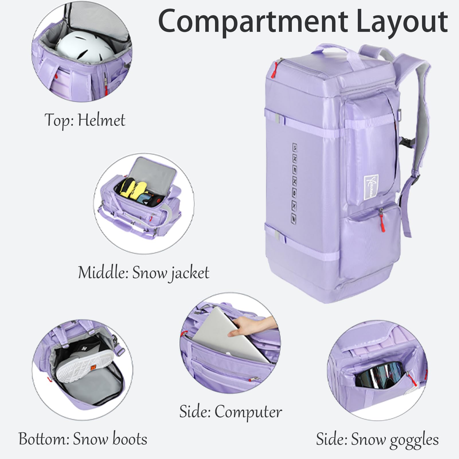 55L Skirucksack Wasserdicht Reisen Rucksack Tasche Carry-On Handgepäck Skischuhtasche Skitasche Snowboard Mit Skistiefel Helmfach Damen Herren Skis Backpack