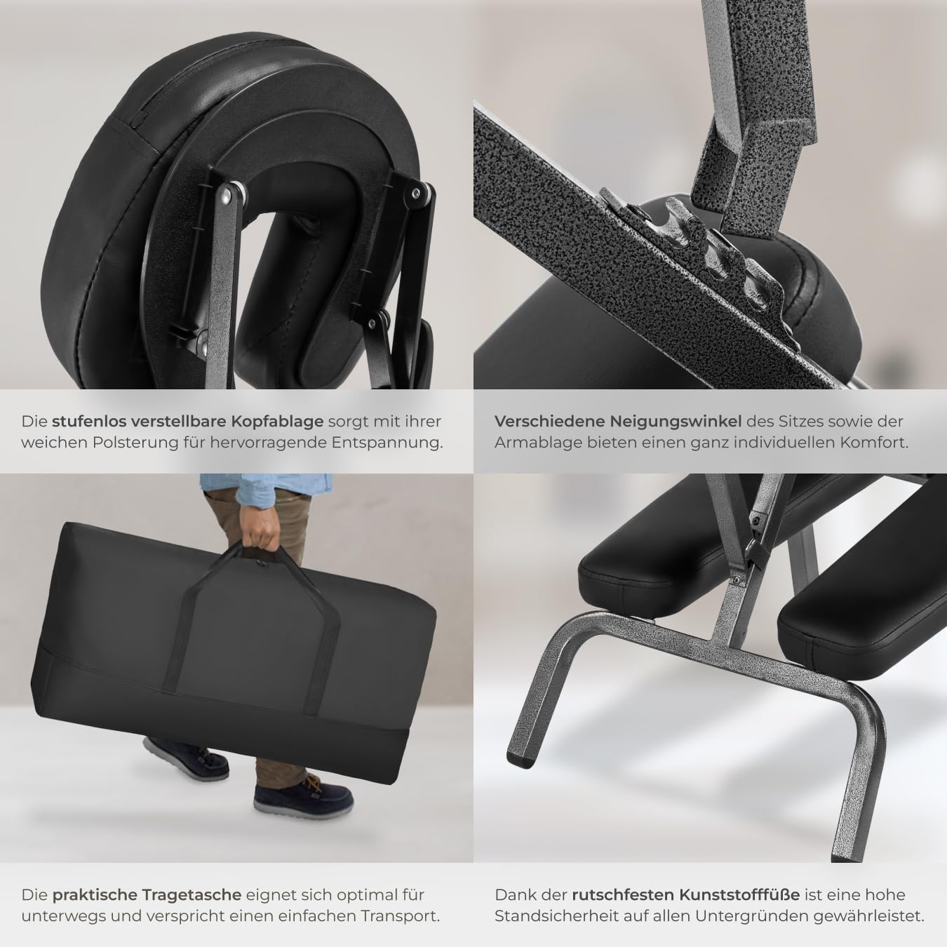 Tectake Massagestuhl klappbar ergonomischer Hocker ohne Armlehne mobil portabel Behandlungsliege zusammenklappbar mit Tragetasche schwarz