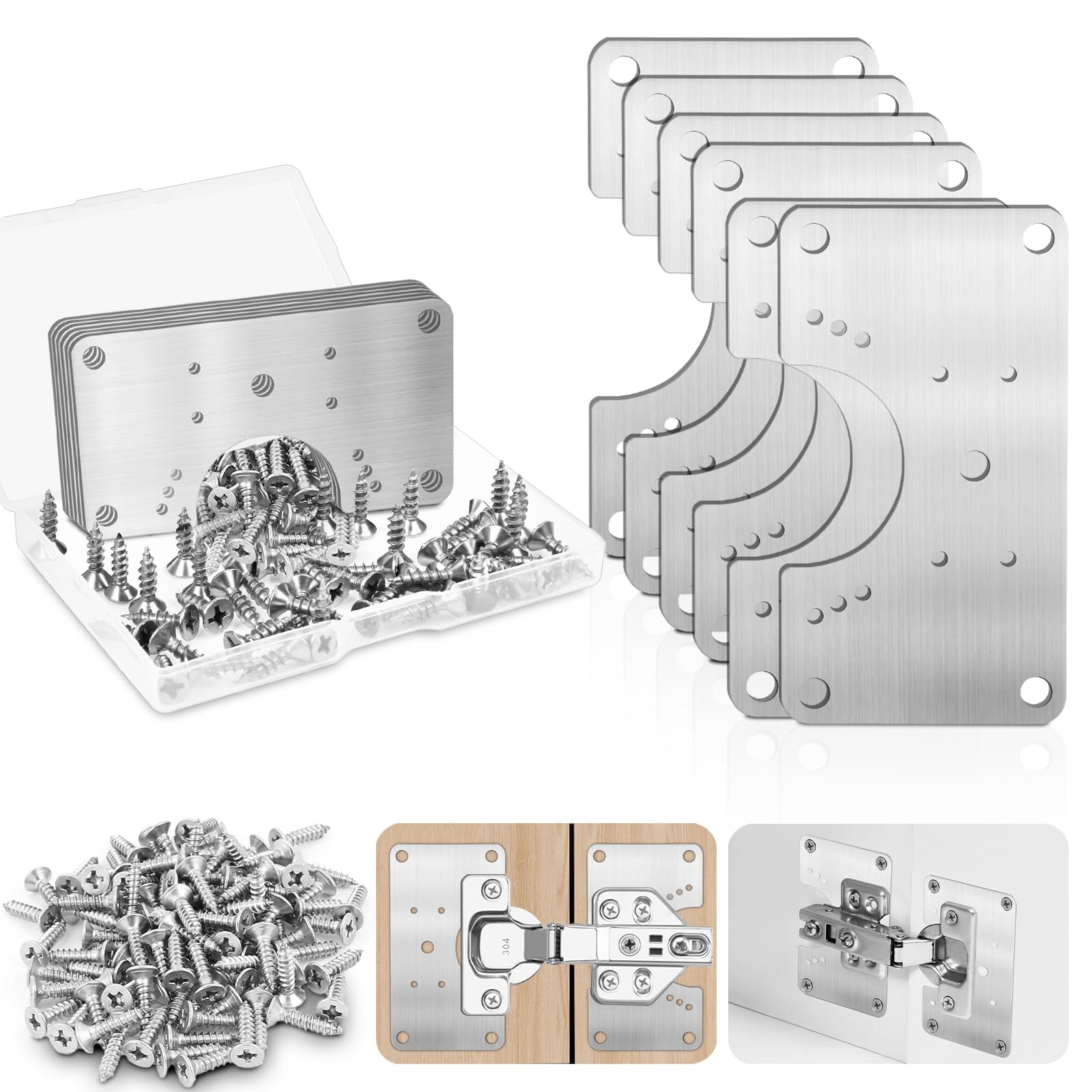 6 Pcs Cabinet Hinge Repair Replacement Kit, Stainless Steel Cabinets Hinge Repair Plate Brackets with Screws, Hinges Repair Board, Kitchen Cupboard Door Hinge Repair Fixing Plates