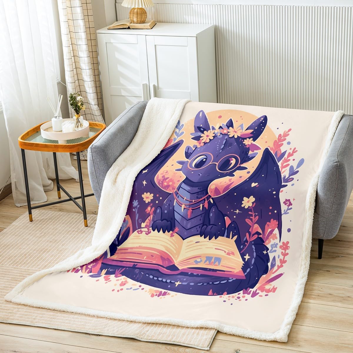 Cartoon Dragon Blanket Queen 90x90 Bohemia Hippie Flowers Blanket for Boys Girls Kawaii Wild Animal Sherpa Blanket Western Dragon Bed Blanket Sofa Bed Couch Decor