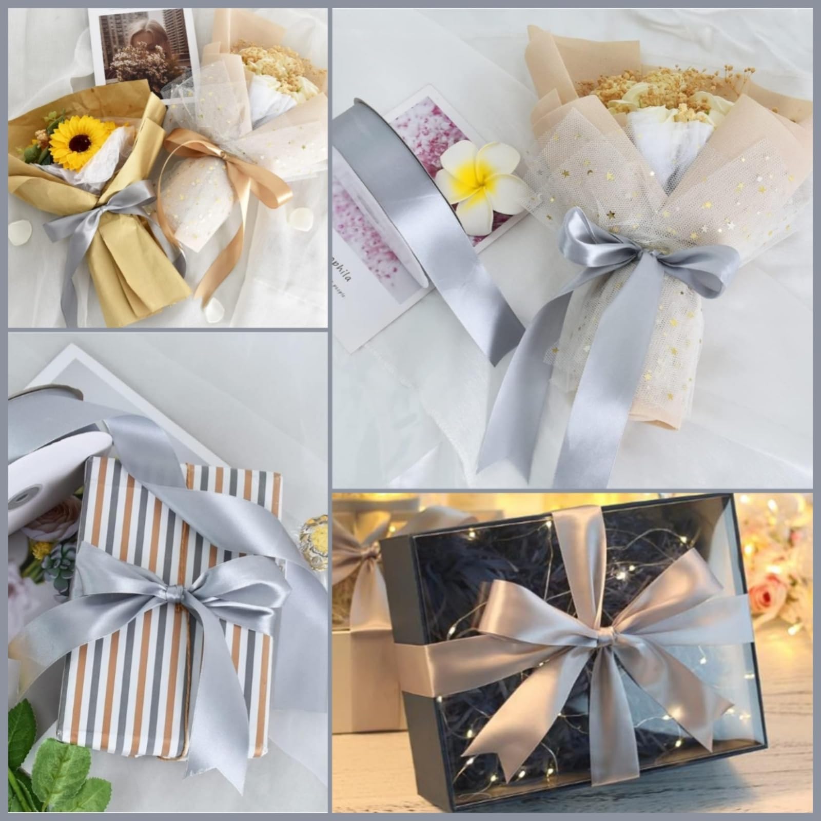 Cinta de raso de 25 mm, 91 metros, cinta decorativa de satén fina, cinta de tela para vestidos, bodas, regalos de cumpleaños, cinta decorativa de satén, cinta decorativa para regalo (gris