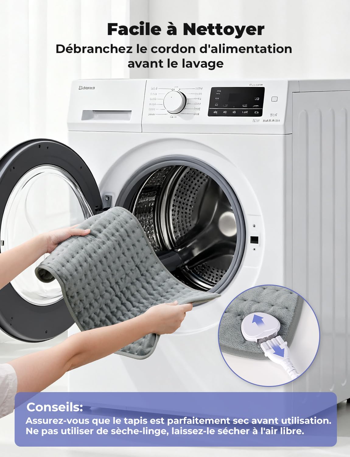 Coussin Chauffant Électrique Dos Épaules Abdomen 6 Niveaux Température 4 Réglages Minuterie Chauffage Rapide Arrêt Automatique Lavable Machine Gris Clair 60 x 30cm