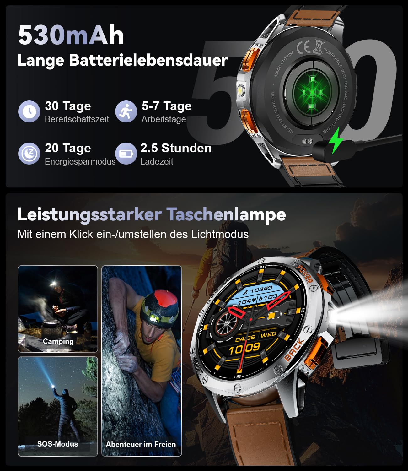 ESFOE Smartwatch Uomo GPS Militare Impermeabile 10ATM con Torcia LED 1,43" AMOLED Display Rugged Smartwatch Orologio con Chiamate Bluetooth, Altitudine, Pressione, Bussola, 530mAh per Android iOS