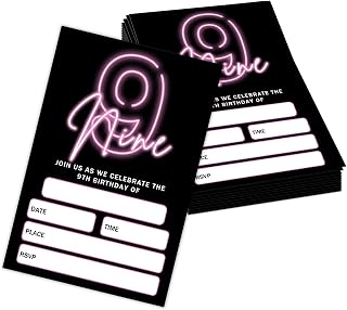 Utaqer 4"x6" 9th Birthday Party Invitation Cards With Envelopes set of 20, Pink Neon Nine Birthday Party Supplies for Boys, Girls, Kids or Teens Happy Birthday Celebration Invitation-b001