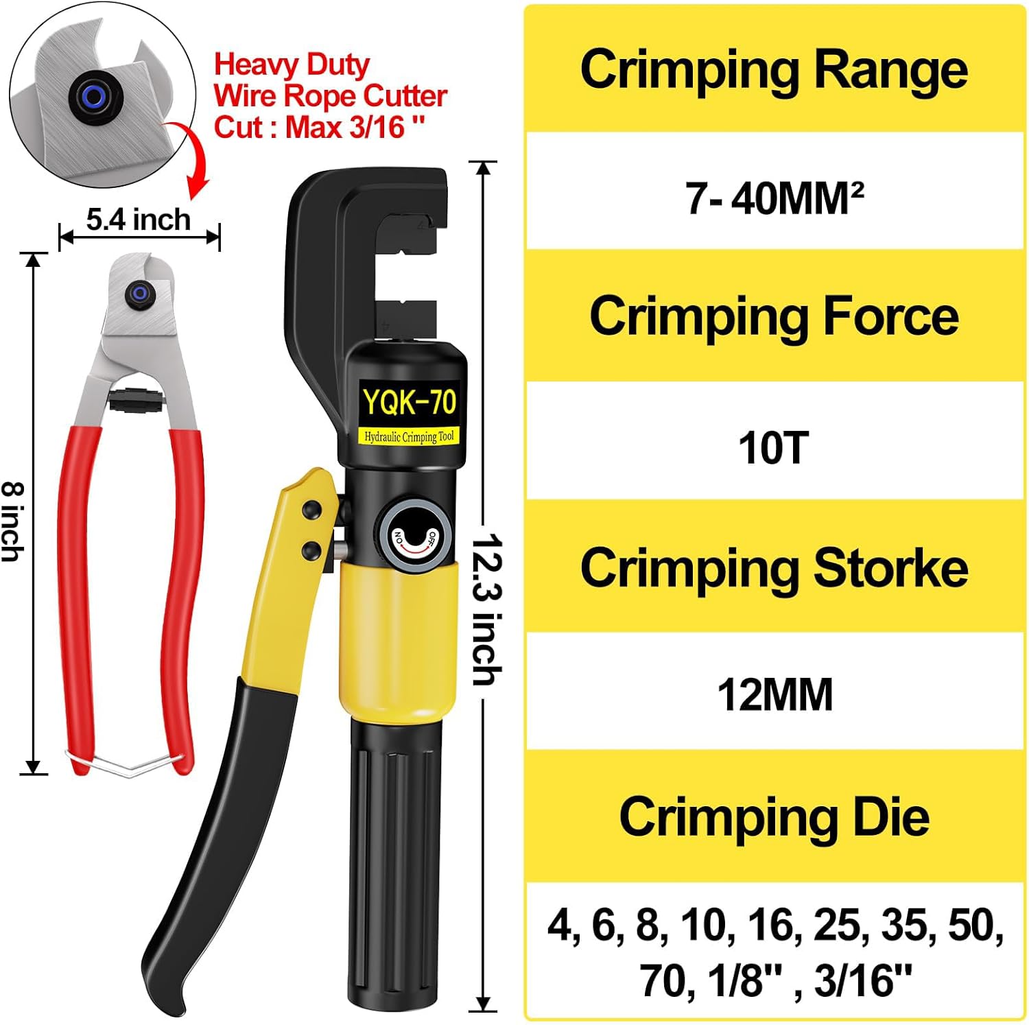 CKE 10 Ton Hydraulic Crimping Tool and Cable Cutter with 13 Dies, Stainless Steel Cable Railing Tool for 1/8" to 3/16" Hardware, Hydraulic Cable Lug Crimper for 12-2/0 AWG, Battery Cable Crimper, HC01