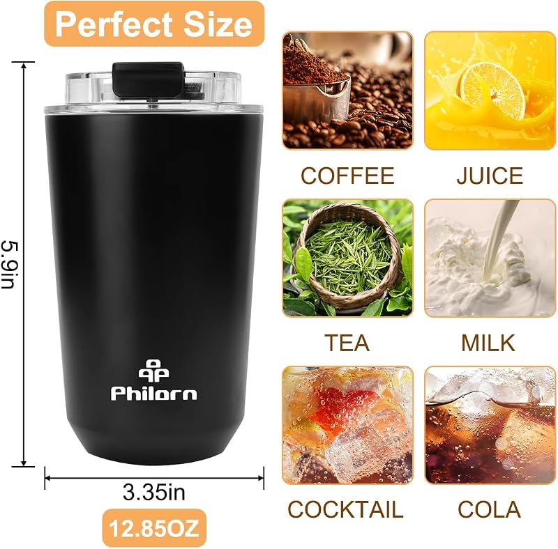 Philorn Termikus Kávésbögre 380ml Rozsdamentes Acél Szivárgatásmentes Fekete