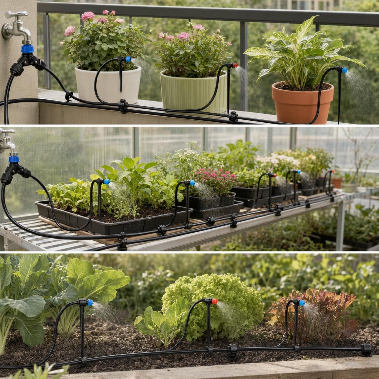 Kit Irrigazione a Goccia Automatico per Giardino, Impianto di Irrigazione Automatica con Raccordi Rapidi