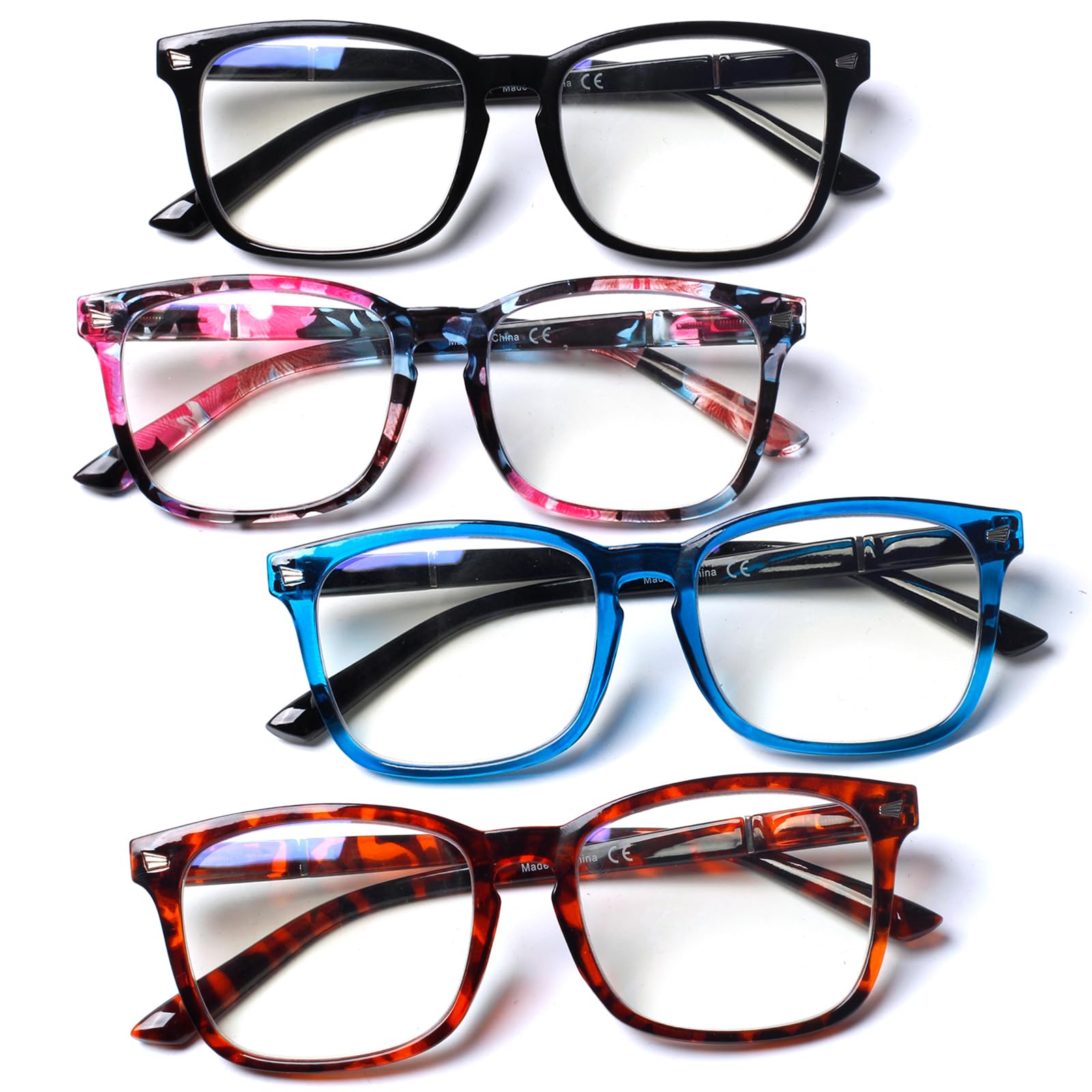 Henotin Paquete de 4 lentes de lectura con bloqueo de luz azul para mujeres y hombres, lectores de computadora con bisagra de resorte, antirayos UV, cuadrados, nerd
