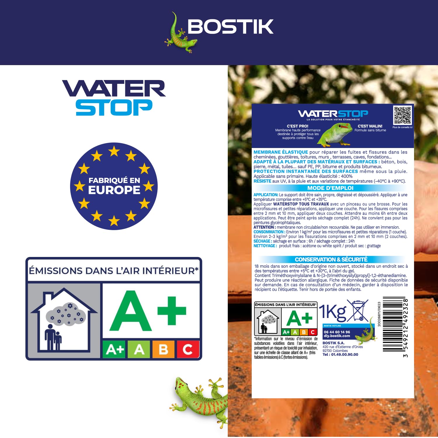Bostik Membrana de sellado Waterstop - Junta, pegamento, boca - Reparación de fugas, infiltraciones, grietas - todos los materiales - Directa sin imprimación - MS Polímero - Blanco - Bote 1 kg