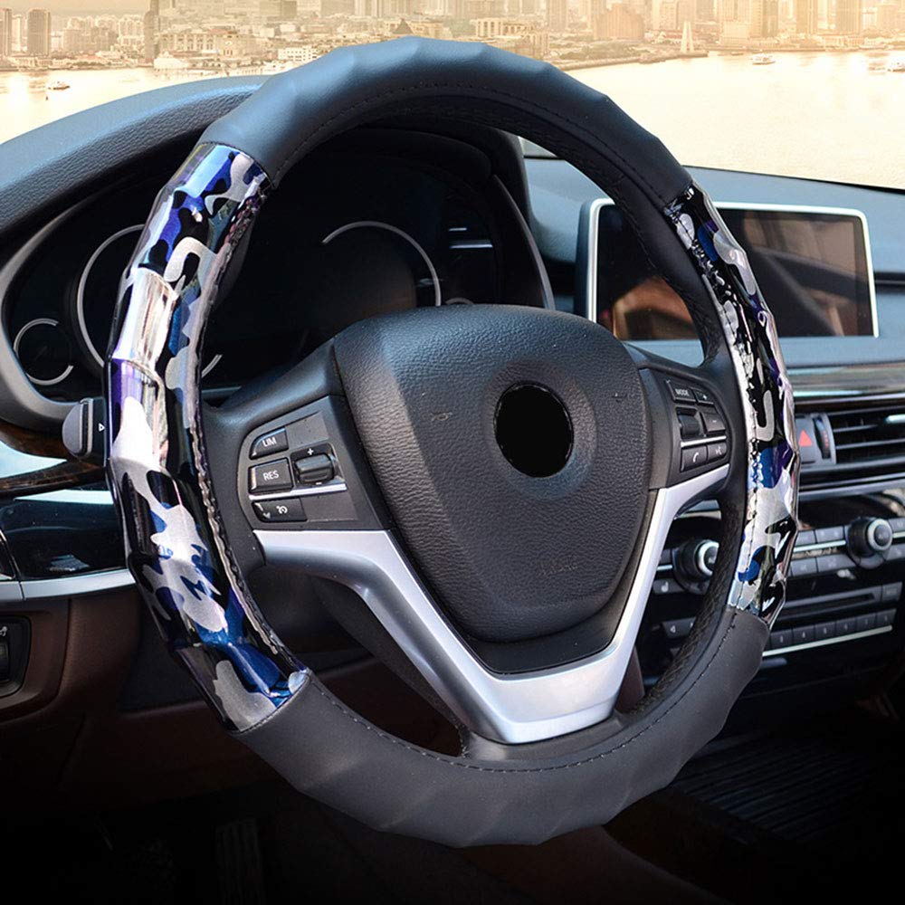 Genuine Car Steering Wheel Cover Leather Microfiber Premium Quality Fit 14-15 inch 4 Colors Camouflage,Blackblue