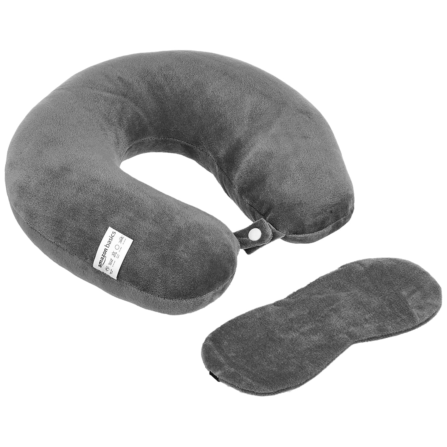 amazon basicsTravel Neck Pillow & Sleeping Eye Mask Combo | Comfortable Velvet Headrest | Portable & Ergonomic for Airplanes, Cars, Office | Pain Relief & Sound Sleep I Grey