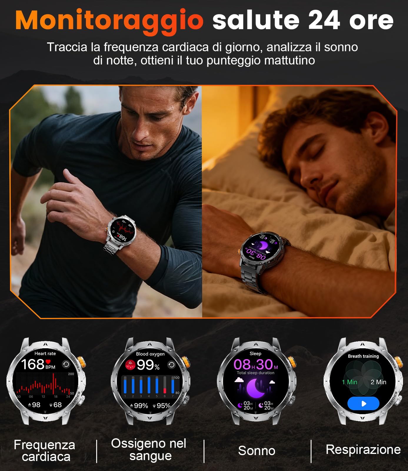 EF24 Smartwatch Uomo Militare con Torcia LED, Batteria 1000mAh, 1,85” HD Fitness Tracker, 100 Modalità Sportive, IP68 Impermeabile, 3 Cinturini, Compatibile Android e iOS, Nero