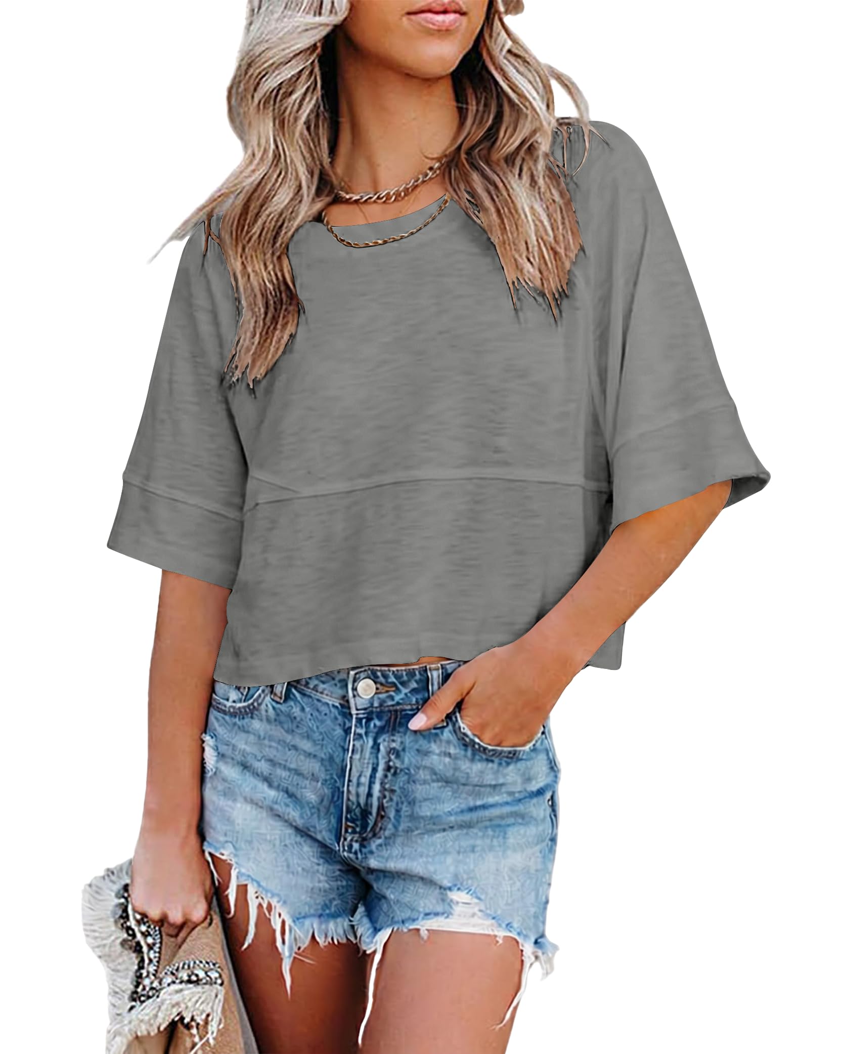 DUOEASE Tshirt Damen Rundhals Locker Crop Top Basic Casual Tee Shirts Einfarbig Sommer Kurzarm Oberteile