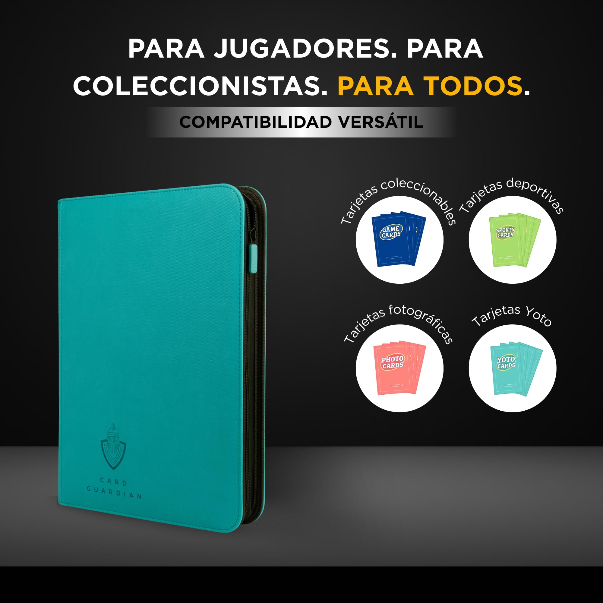 Card Guardian - Carpeta premium de 9 bolsillos con cremallera para 360 tarjetas, juegos de cartas coleccionables TCG (verde azulado) - Bolsillos laterales - Compatible con tarjetas Yugioh MTG, carpeta