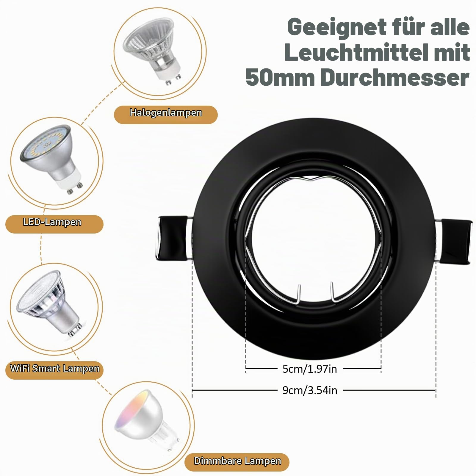 20x Einbaustrahler Rahmen Matt Schwarz mit VDE GU10 Fassung