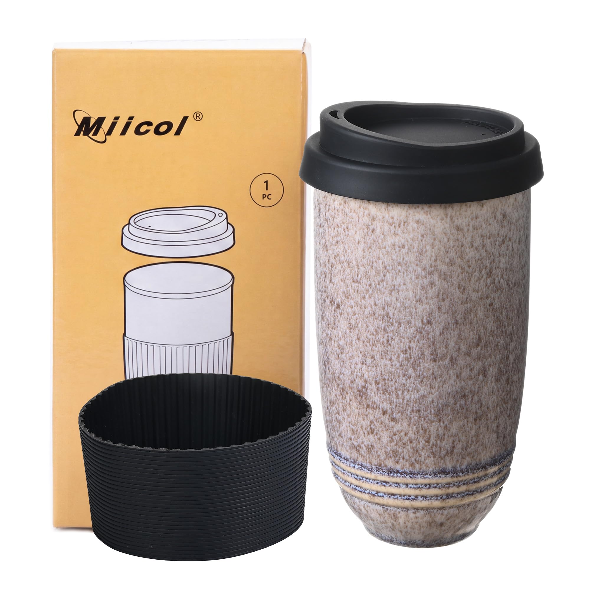 Miicol Ceramic Coffee Mug, 14oz Reactive Glaze Mug with Lid and Sleeve