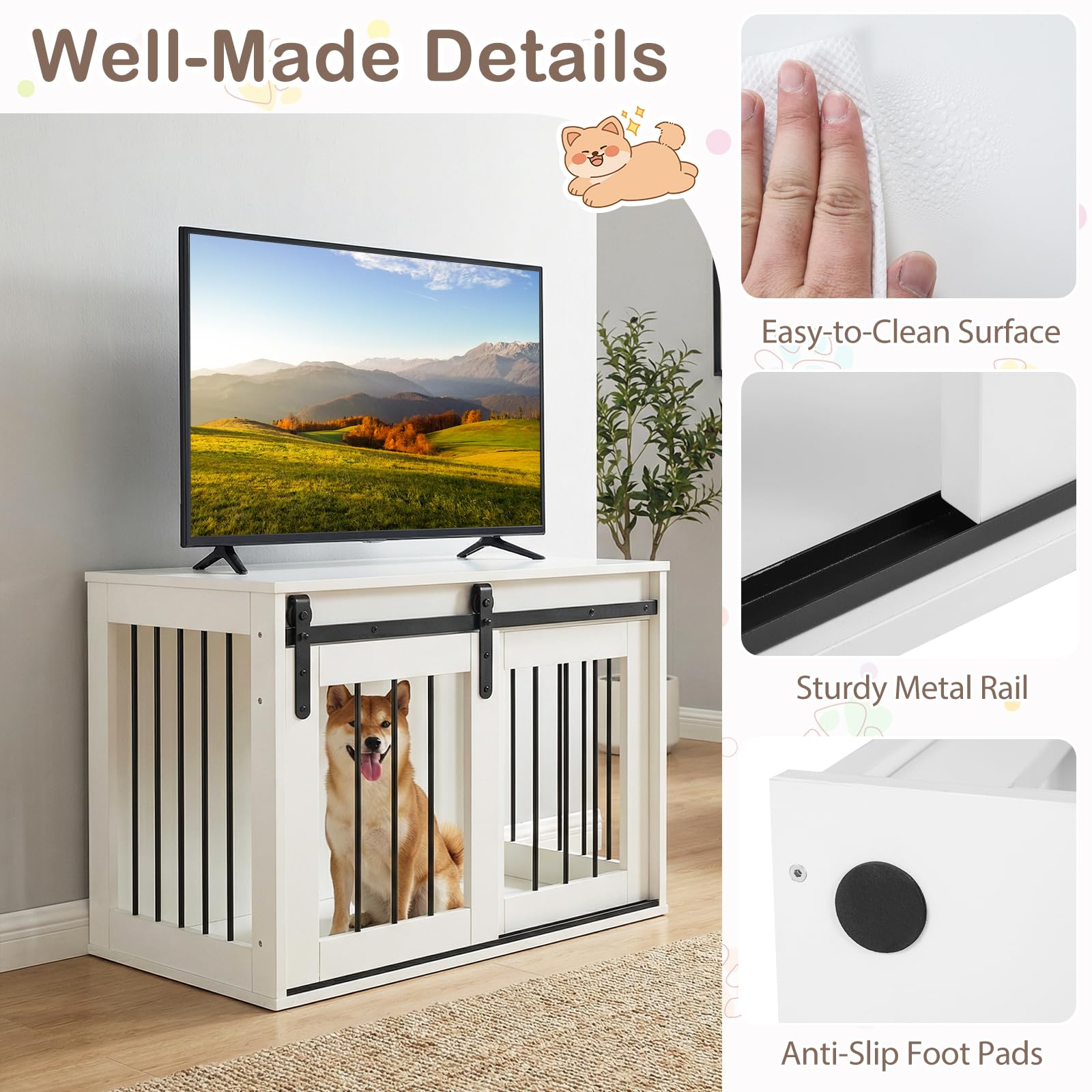 FANTASK Hundekäfig Möbel 80 cm, Hundebox mit Schiebetür & Metallrahmen, Hundeschrank aus Holz als Beistelltisch für kleine & mittelgroße Hunde, für Wohnzimmer, Schlafzimmer & Flur (Weiß)