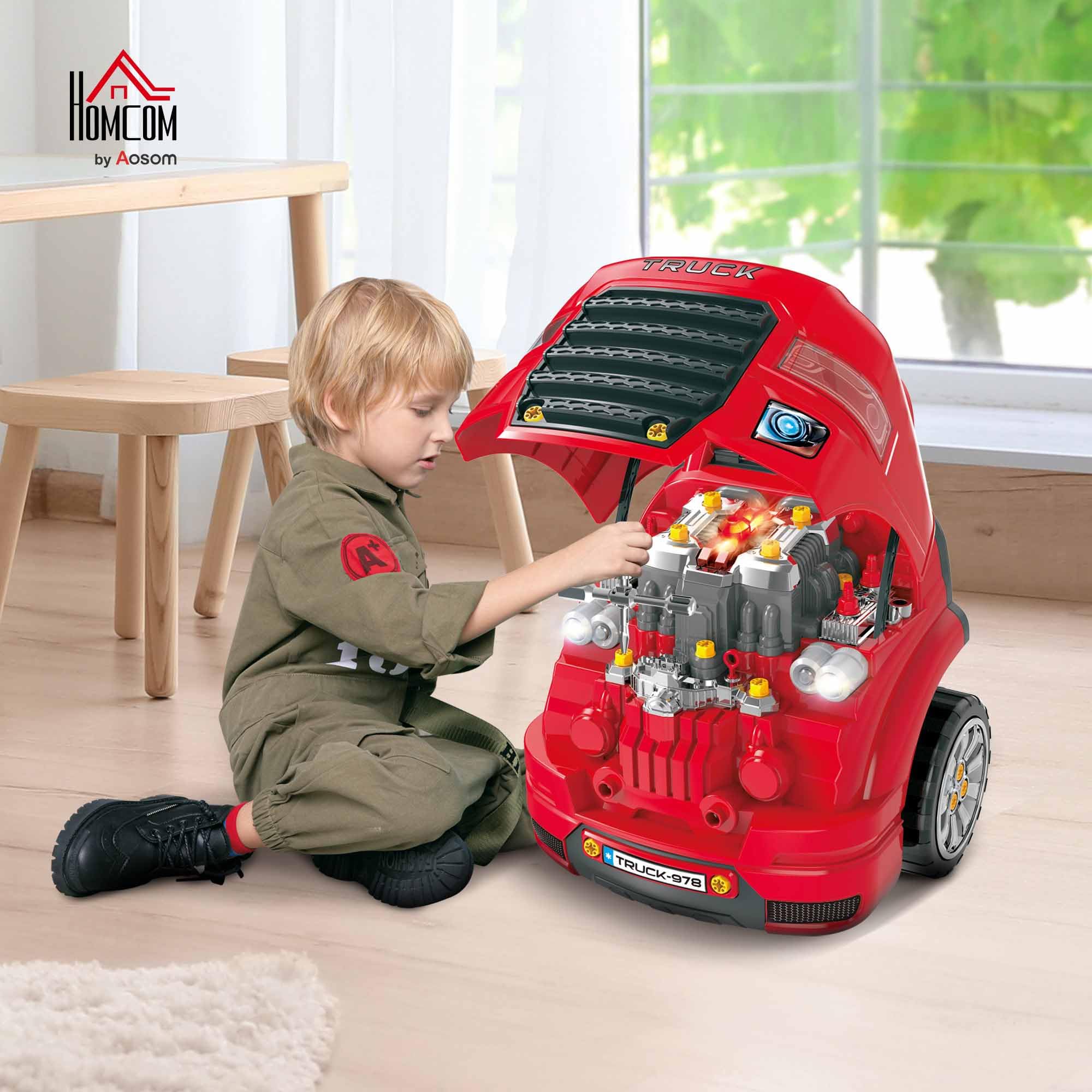 HOMCOM Camion mécano 2 en 1 Jouet Bricolage Enfant Établi Enfant Jeu d'imitation mécanicien 61 pièces Effets sonores Lumineux PP ABS Rouge
