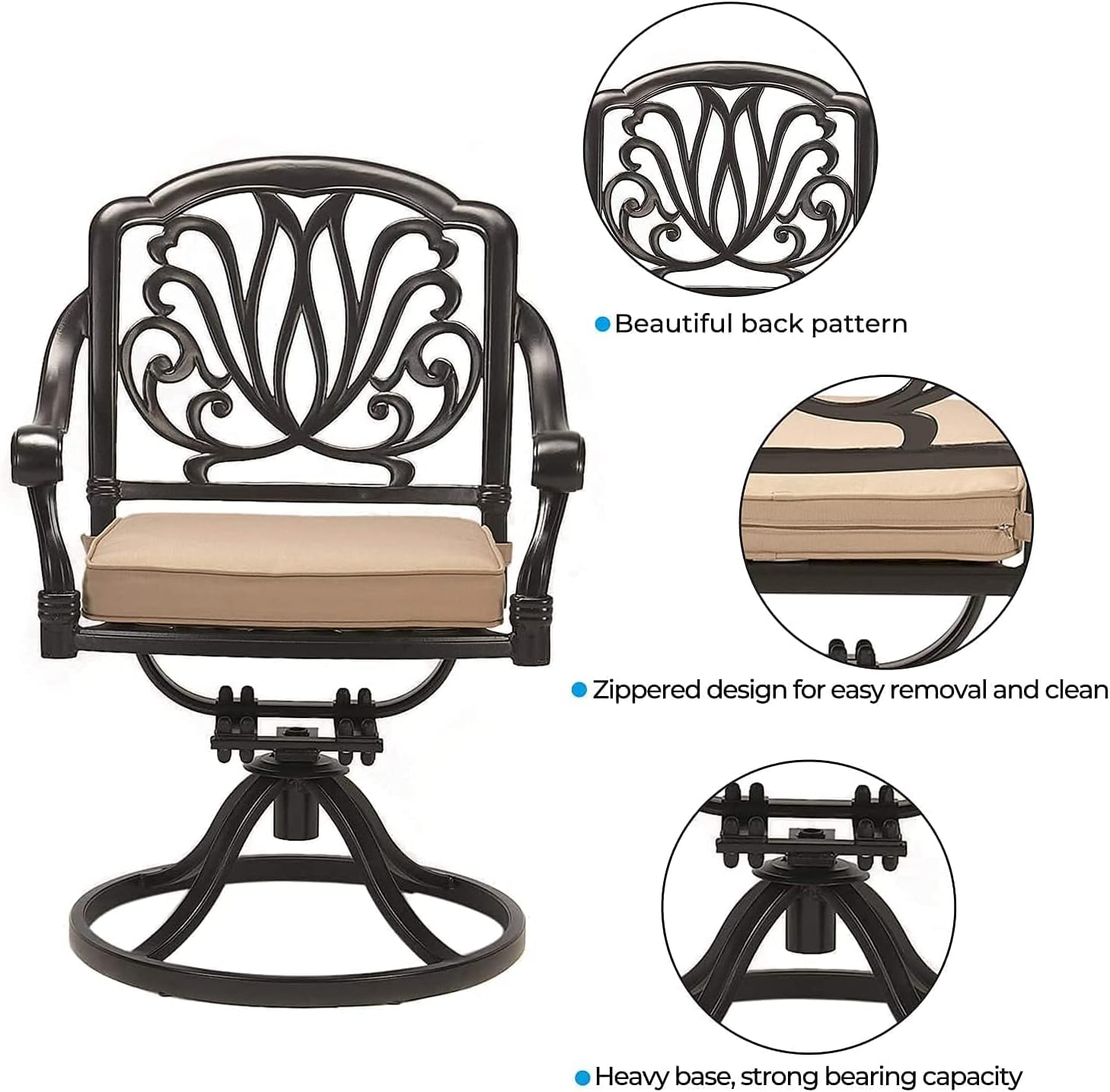 2 Piece Patio Swivel Dining Chairs with Cushions, Outdoor Cast Aluminum Chairs Set of 2, Weather Resistant Metal Furniture Chair for Garden Deck Antique Bronze