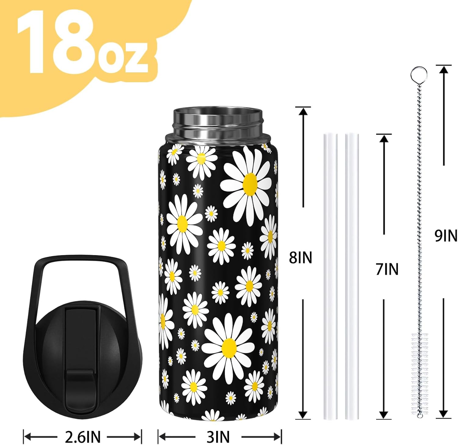 Sabobo Daisy Gifts 18oz Sport Water Bottle with Flip Straw & Spout Lid, Floral Stainless Steel Insulated Gym Water Bottle, Flower Lover Gifts for Women Men (1 PC) - Image 2