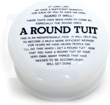 A Round Tuit ceramic box, novelty gag gift