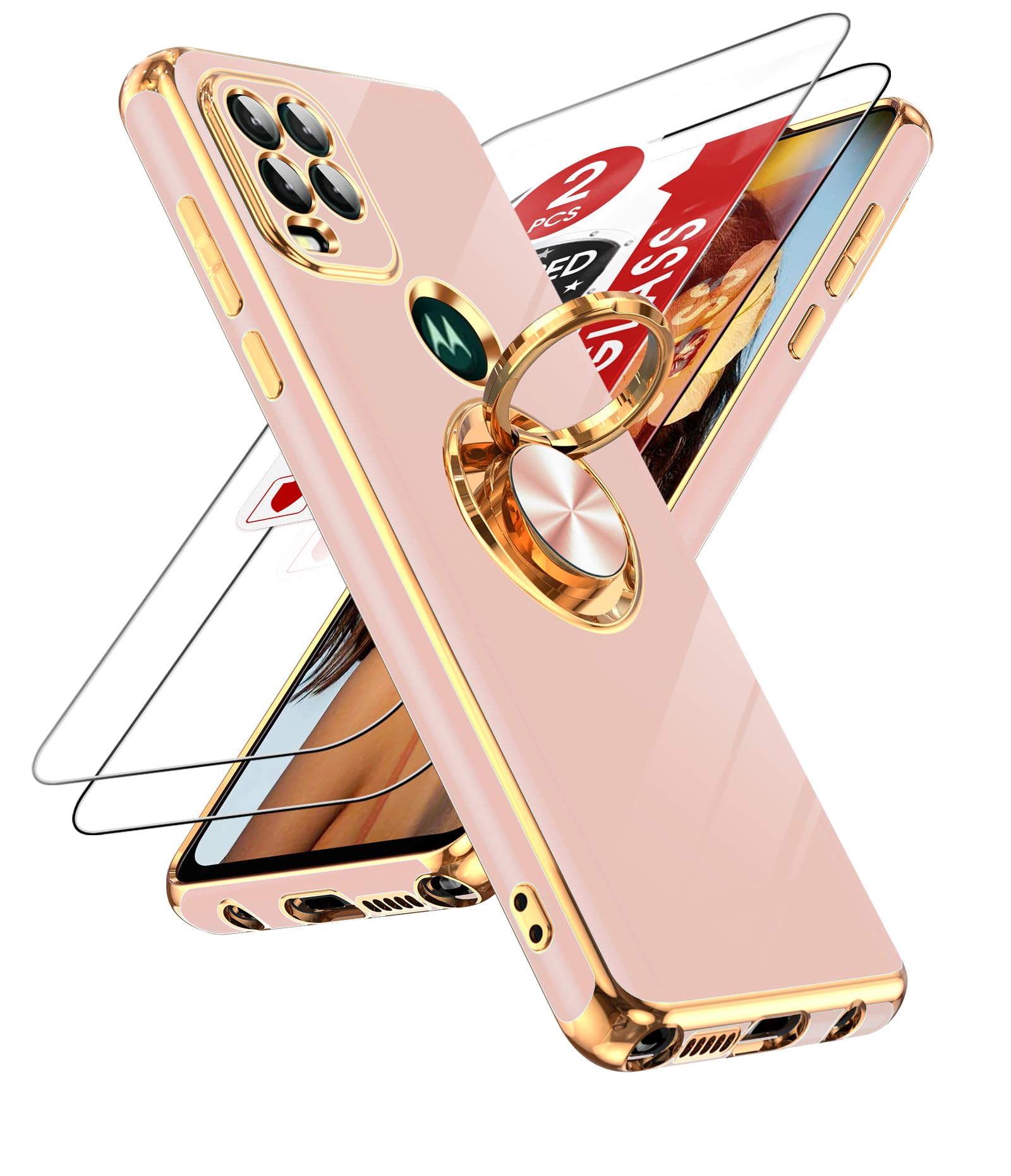 LeYi for Moto G Stylus 5G 2021 Phone Case: with Tempered Glass Screen Protector [2 Pack] 360° Rotatable Ring Holder Magnetic Kickstand, Plating Rose