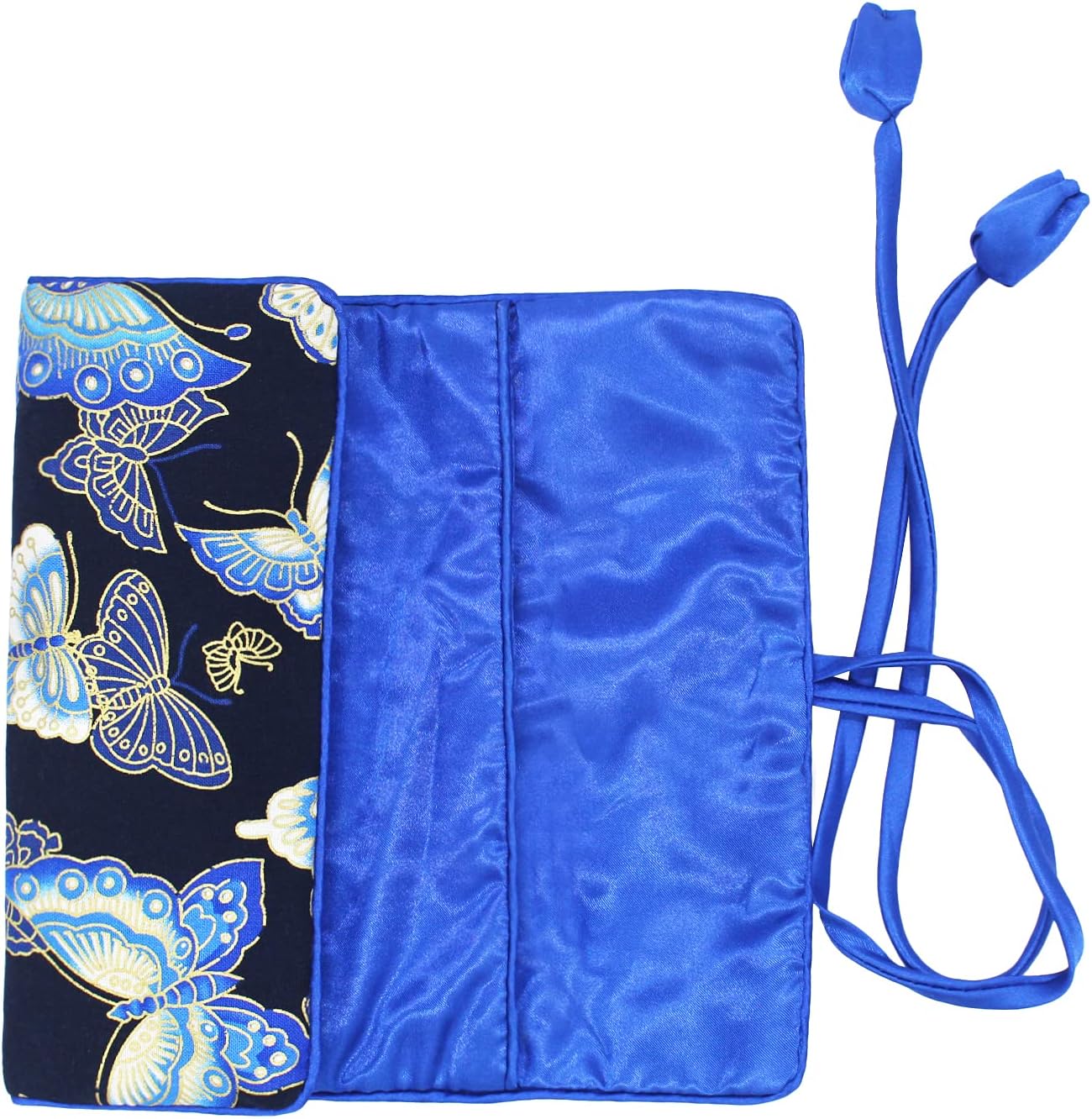 SmilerSmile Jewelry Travel Bag Embroidery Travel Jewelry Organizer with Tie Close Embroidered Flower Jewelry Roll for Women Girls (Butterfly/D Blue)