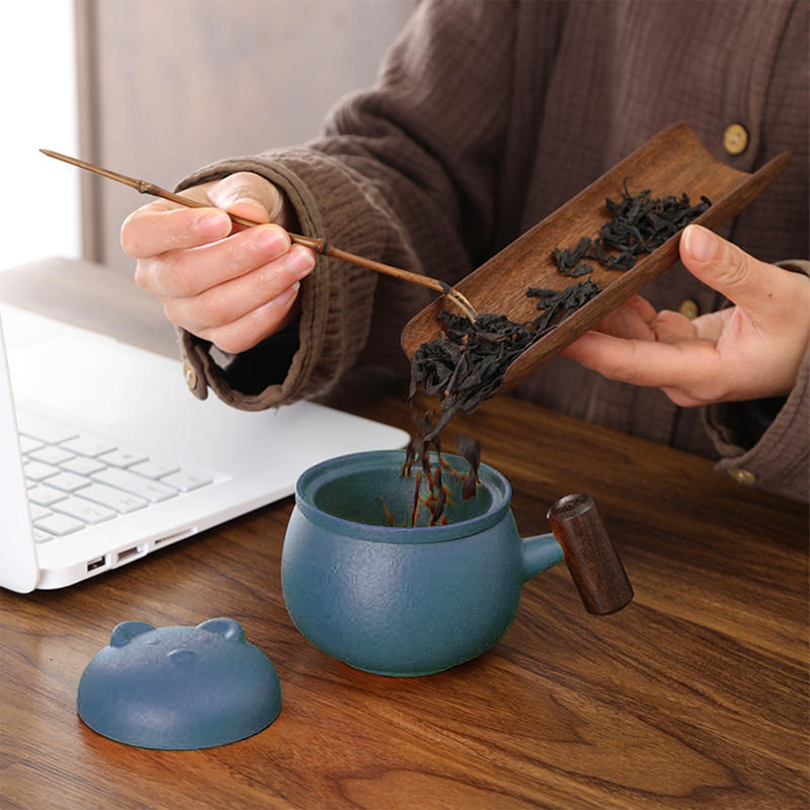 fanquare Tazza per Infusione di Tè Tazza da Tè in Ceramica Verde con Orso Carino con Coperchio Tazza Portatile da Viaggio per la Macerazione del Tè per i Fogli Sciolti