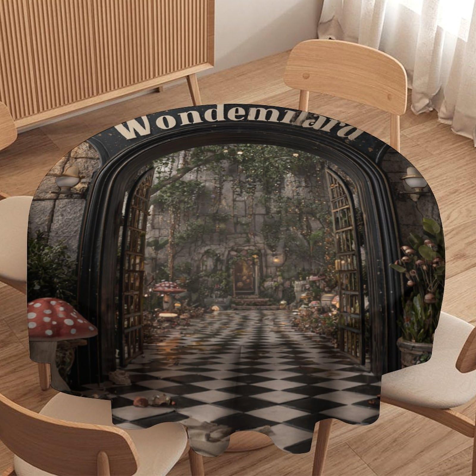 LUYYSKY Classic Abstract Woodland Forest Round Tablecloth Modern Black White Floor Fairy Landscape Mushroom Print Washable Decor for Table Cover for Kitchen-177.8" Wx177.8 L cm