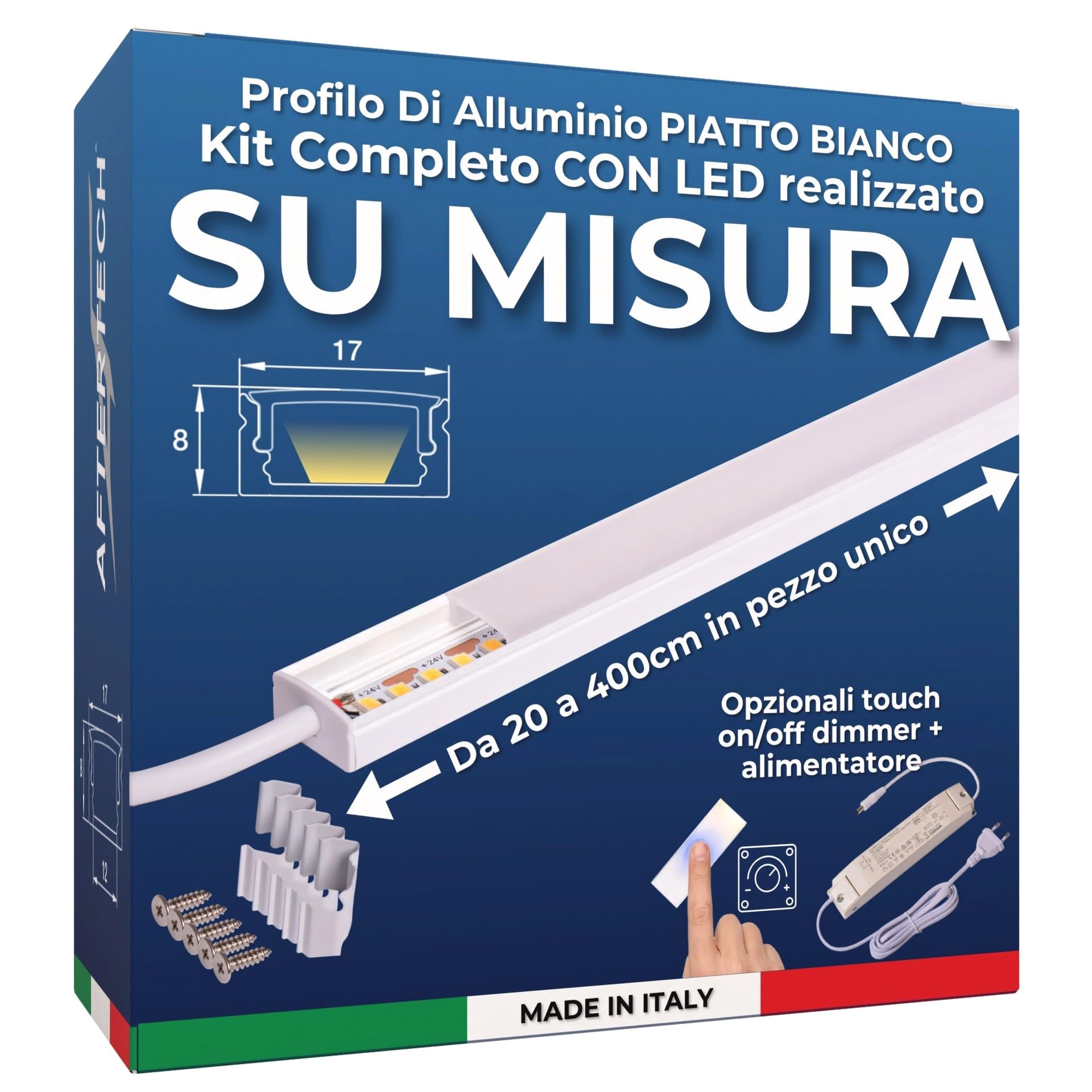 AFTERTECH Barra LED Profilo Alluminio PIATTO BIANCO SU MISURA al centimetro da 20 a 400cm in pezzo UNICO - LUCE POTENTE 19,2w/m 180led/m - PERSONALIZZABILE - MADE IN ITALY - Sottopensile Cucina