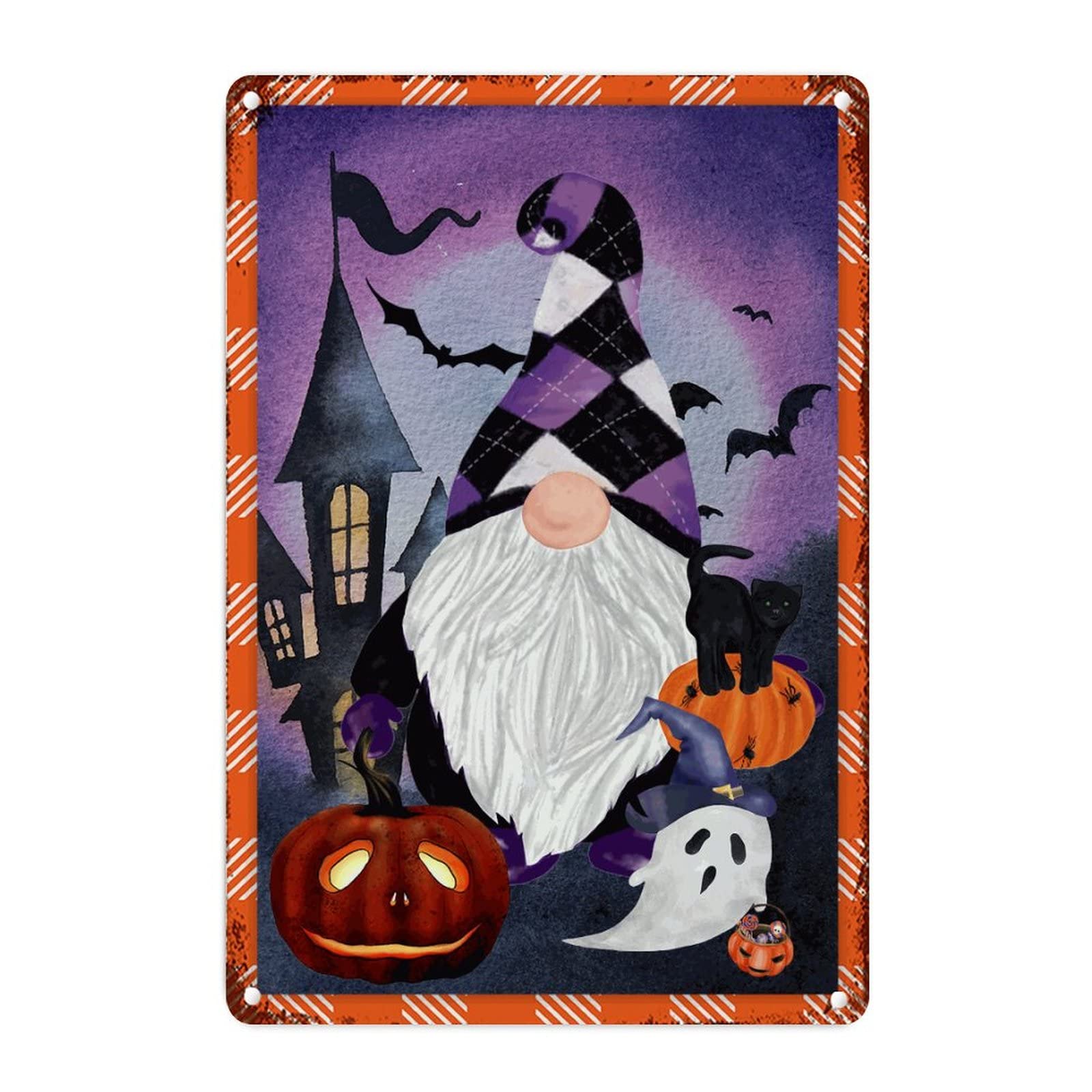 Maison effrayante d'Halloween en métal vintage avec citrouille et gnome pour porche