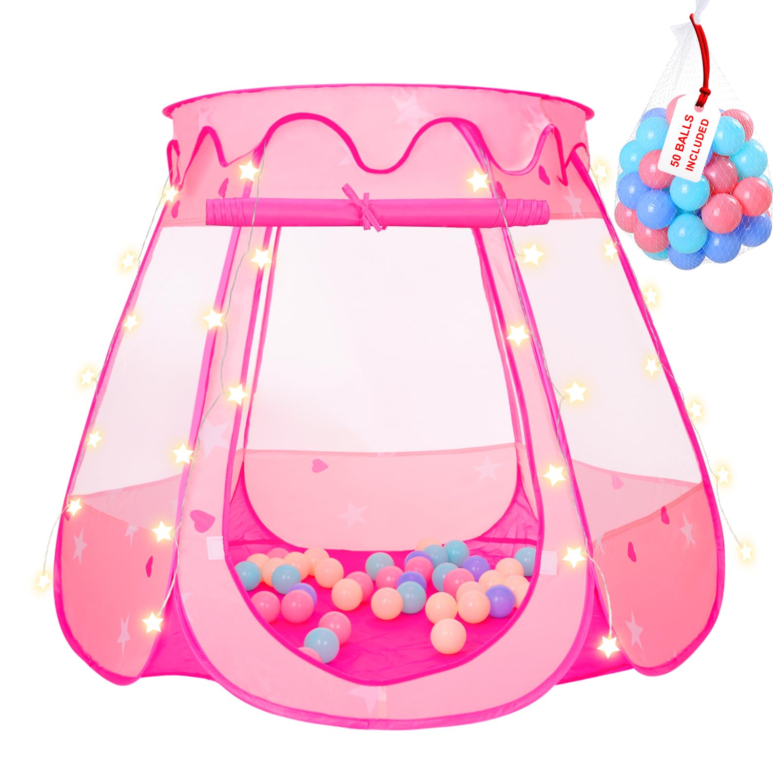 Pop Up Princess Tent with 50 Balls,Ball Pit with Star Lights for 1 2 3 Year Old Girl Birthday Gift,Princess Toys for Toddlers with Carrying Bag,Play Tent for Kids Indoor|Outdoor