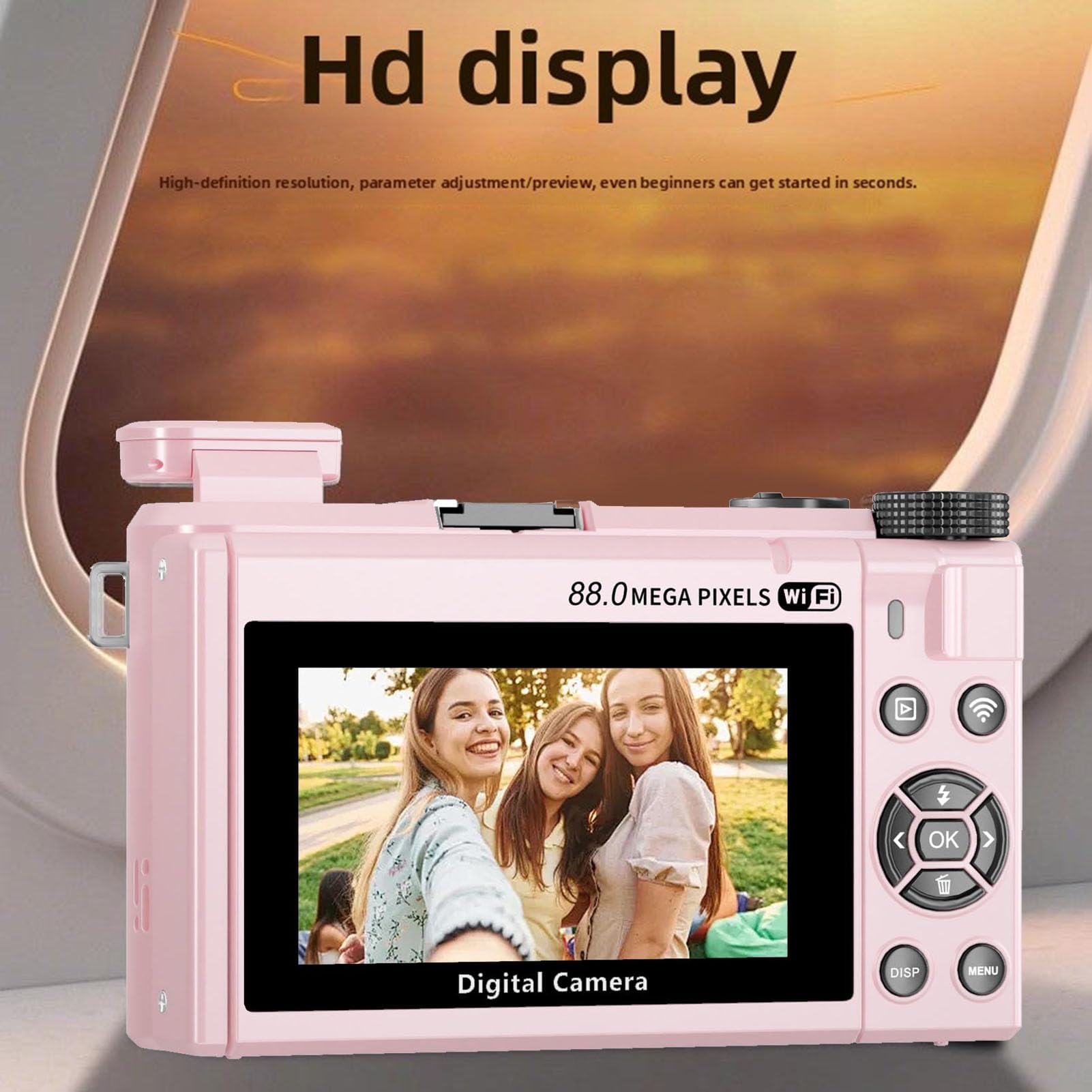 Tosuny Fotocamera Digitale 8K per Fotografia, Fotocamera per Vlogging da 88 MP con Schermo Ribaltabile a 180° da 3", Zoom 18X, Messa a Fuoco Automatica, Obiettivo Grandangolare, (Pink)