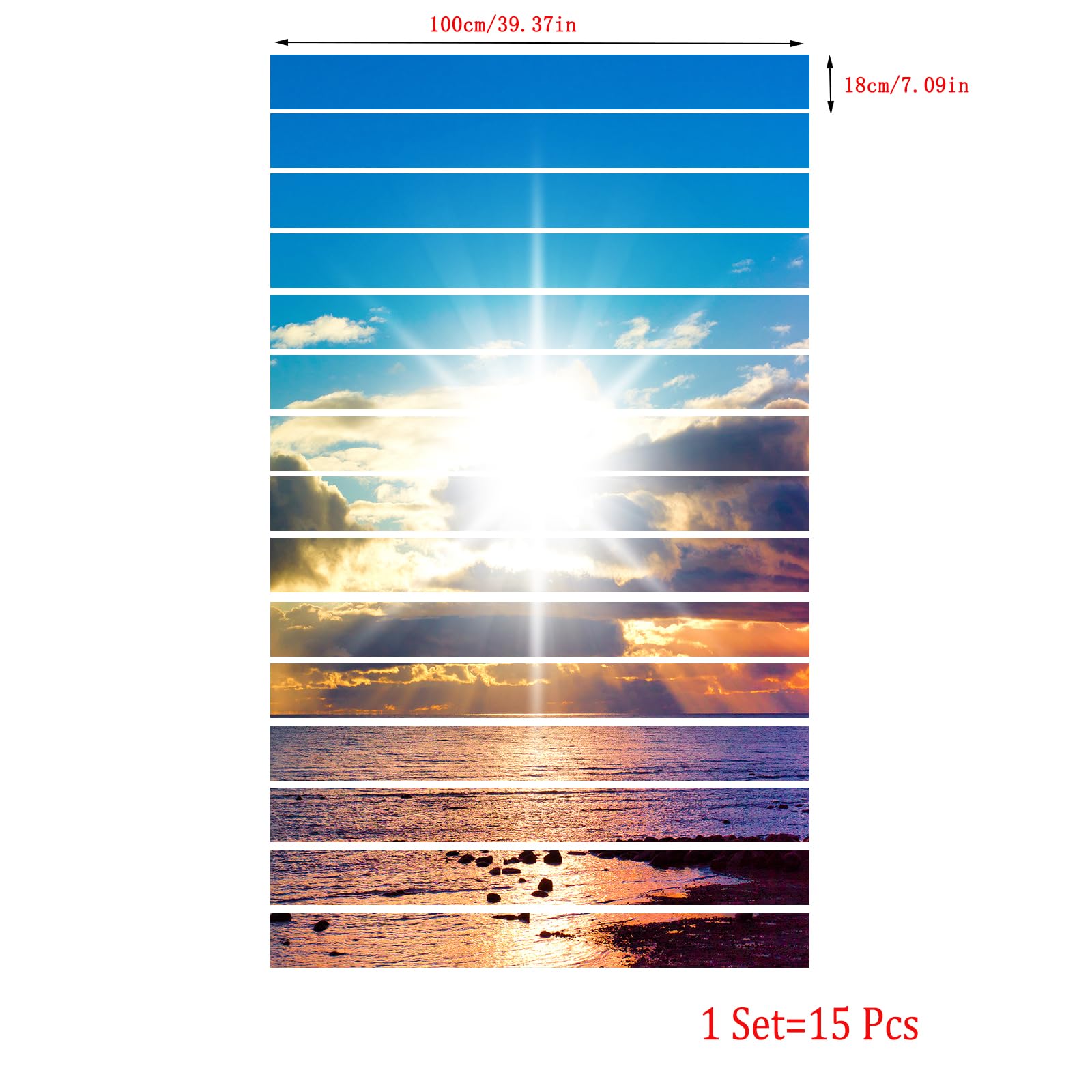 FLFK 15pcs Stair Risers Stickers Peel and Stick - Magnifique lever de soleil sur la mer Autocollants pour escaliers Décalcomanies pour marches d'escaliers Décoration intérieure 39.37 "x7.09"