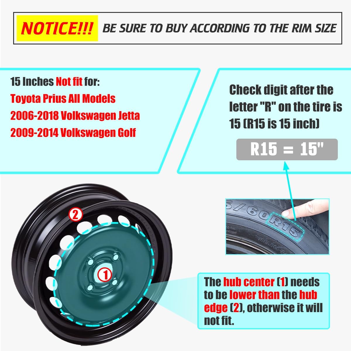 Hubcaps 15", Wheel Rim Cover Universal R15 Hub Caps, Snap On Car Pickup Truck SUV, Wheel Covers, ABS Material, Set of 4, 15-Inch, Black & Red Lacquer