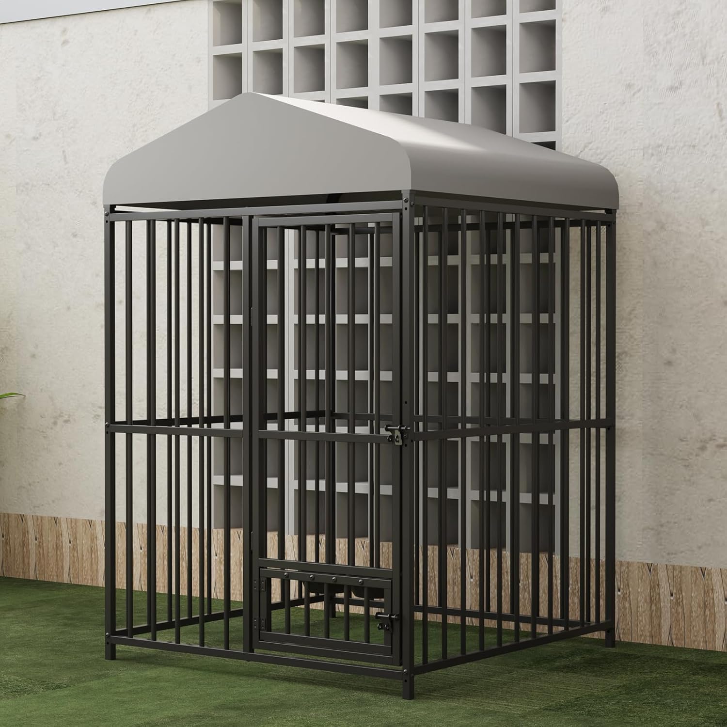 4X4x6FT Large Outdoor Dog Kennel, Metal Dog Cage with Waterproof Roof for Backyard, Rotating Feeding Bowl and Lock for All Dog Breeds, 4x4x6 FT-1