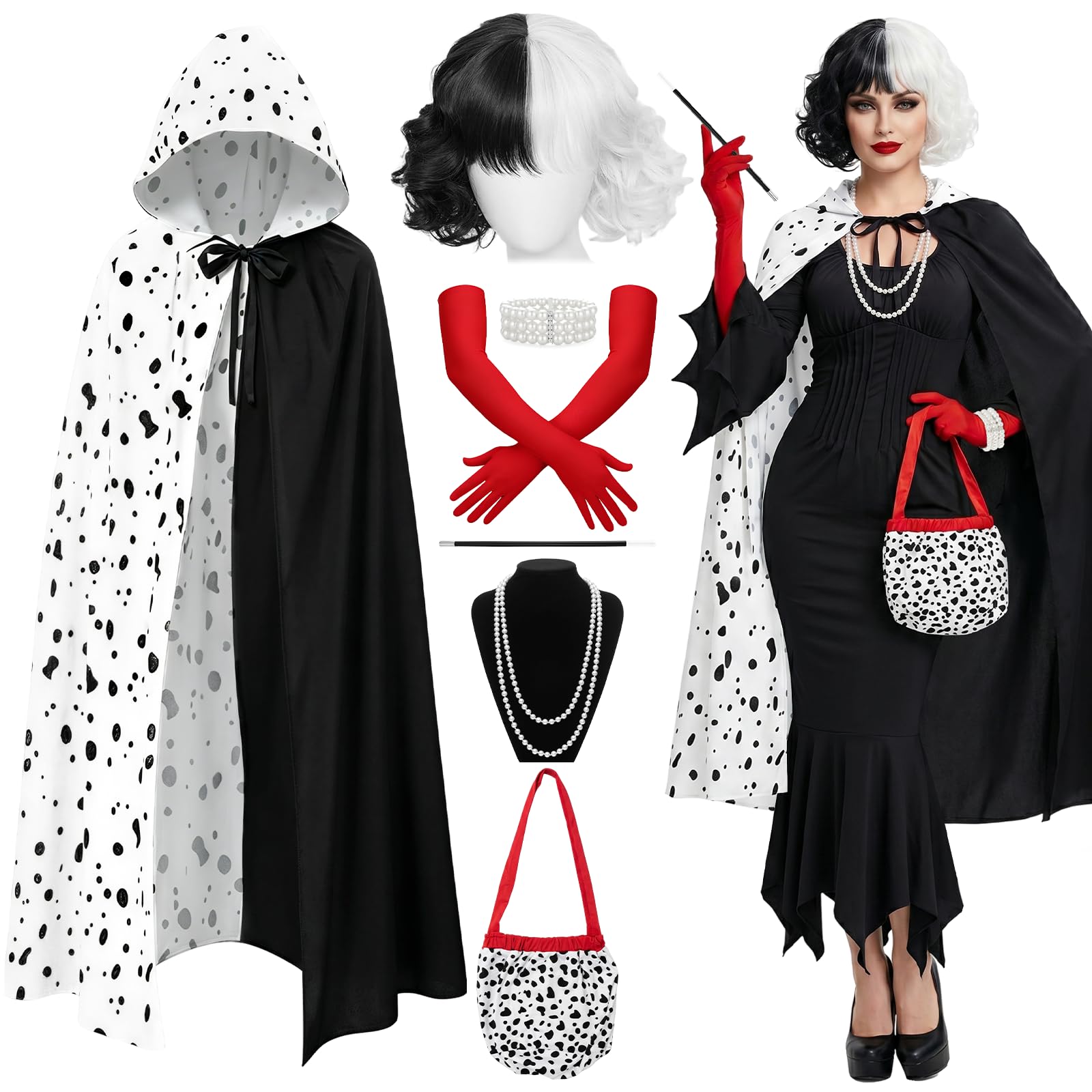 7 Pcs Cruella Costume Accessories Set for Women, Villain Fancy Dress Kit with Dalmatian Cape, Black White Wig, Red Gloves, Pearl Necklace Bracelet, Hand Prop & Bag for Halloween World Book Day