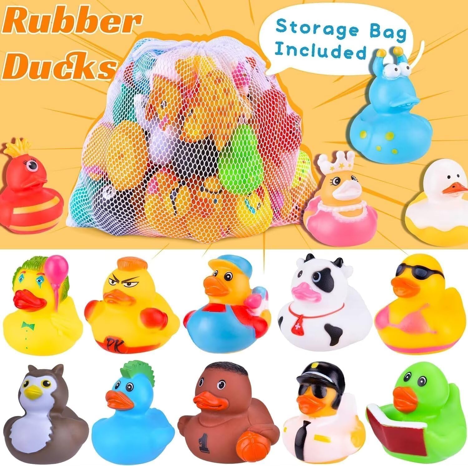 55 Packs Rubber Ducks in Bulk Assortment Jeep Ducks for Ducking, Small Rubber Duckies for Toddler Baby Bath Toys Floater Duck Bath Pool Toys Kids Party Favors with Mesh Carry Bag