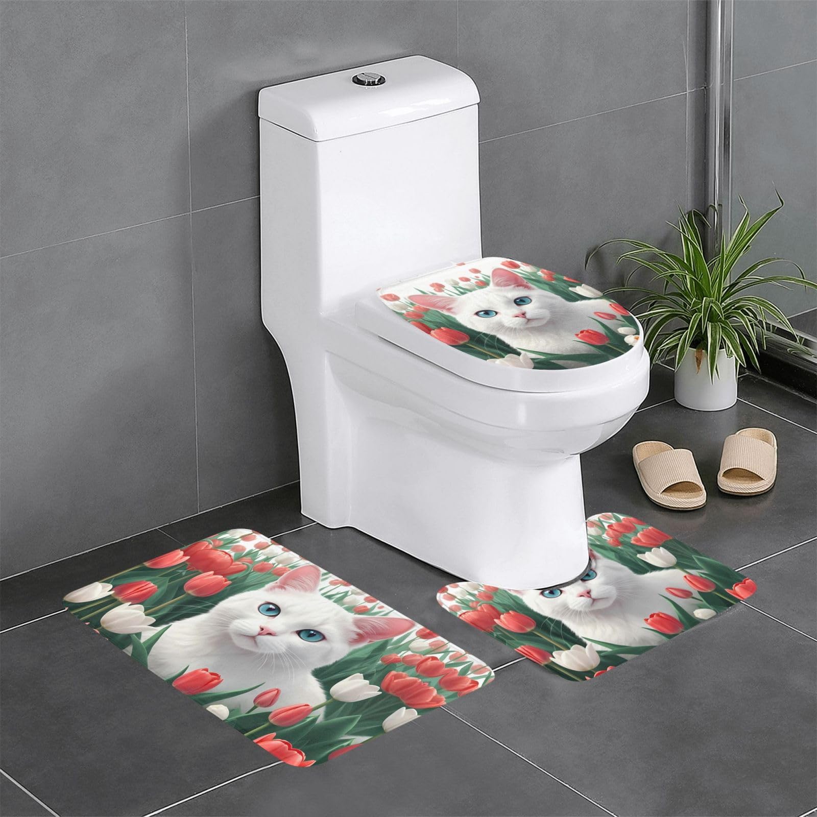 Tapis de salle de bain chat blanc et tulipes pour un réveil douceur matinal