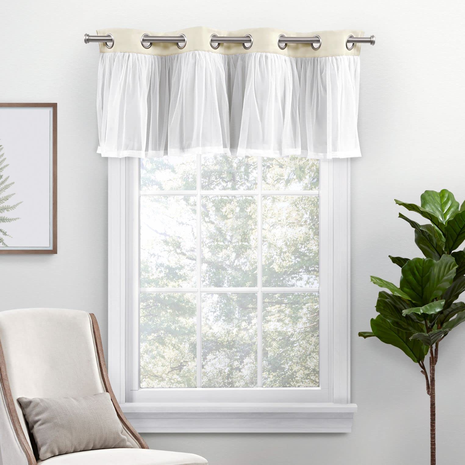 Exclusive Home Catarina Layered Room Darkening Blackout and Sheer Grommet Top Valance, 52"x18", Sand