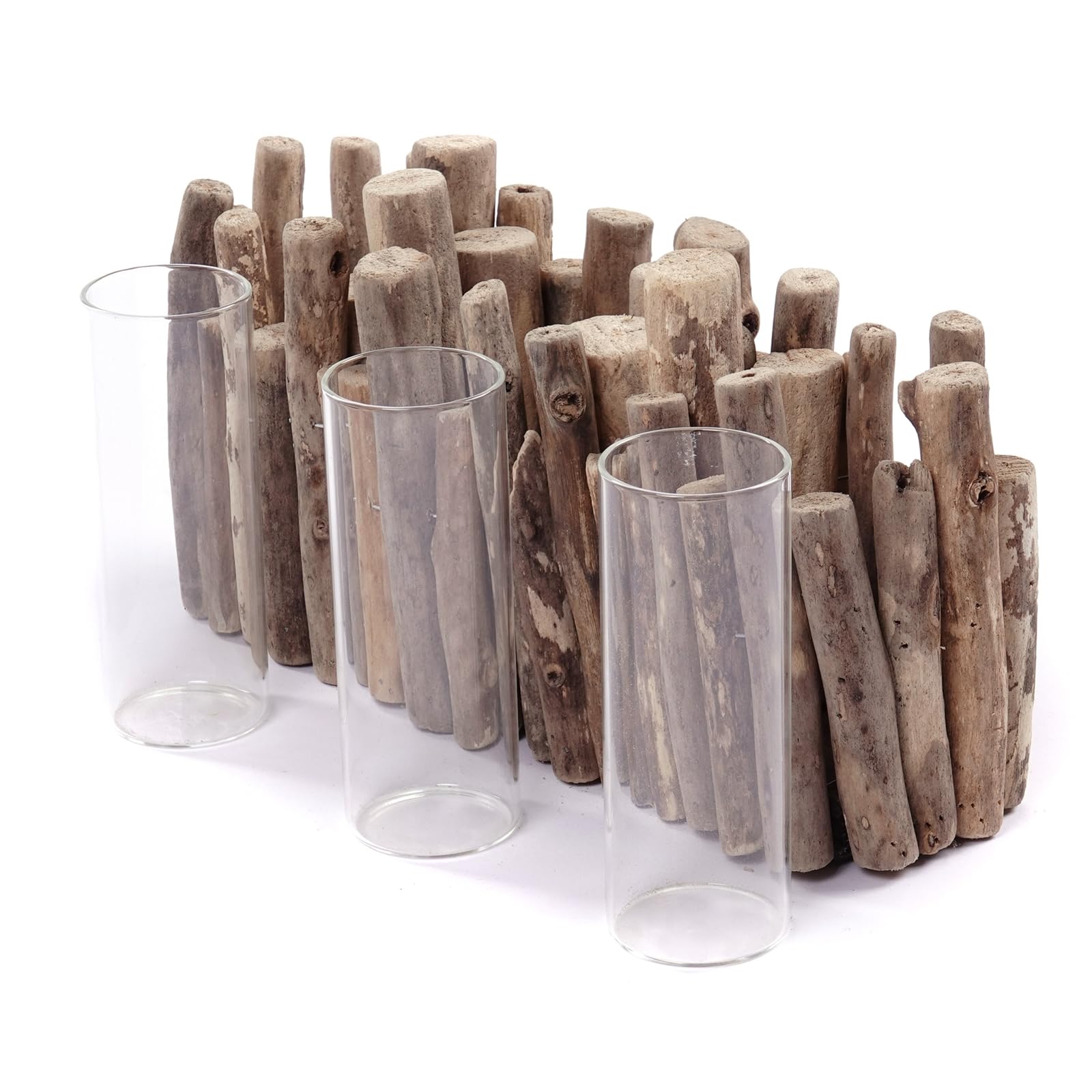 Natur DEKO Vase Yela | Treibholz, 3 Gläser, 35cm Breite | Blumenvase, Tischvase, Glas Blumenbank, Wurzel Tischdeko