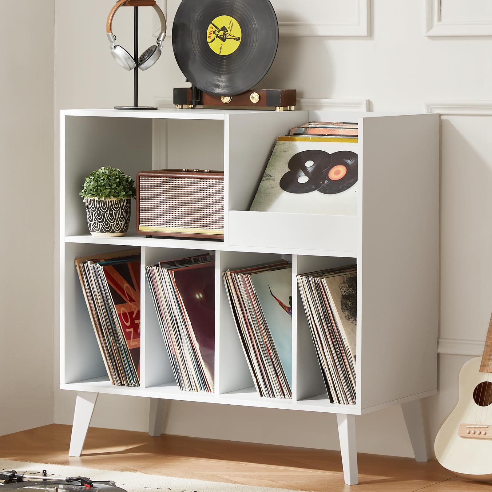 LELELINKY Large Vinyl Record Stand with 4 Shelves, Retro Style Turntable Stand for Up to 300 Albums, Record Player Stand with Shelf and Open Display