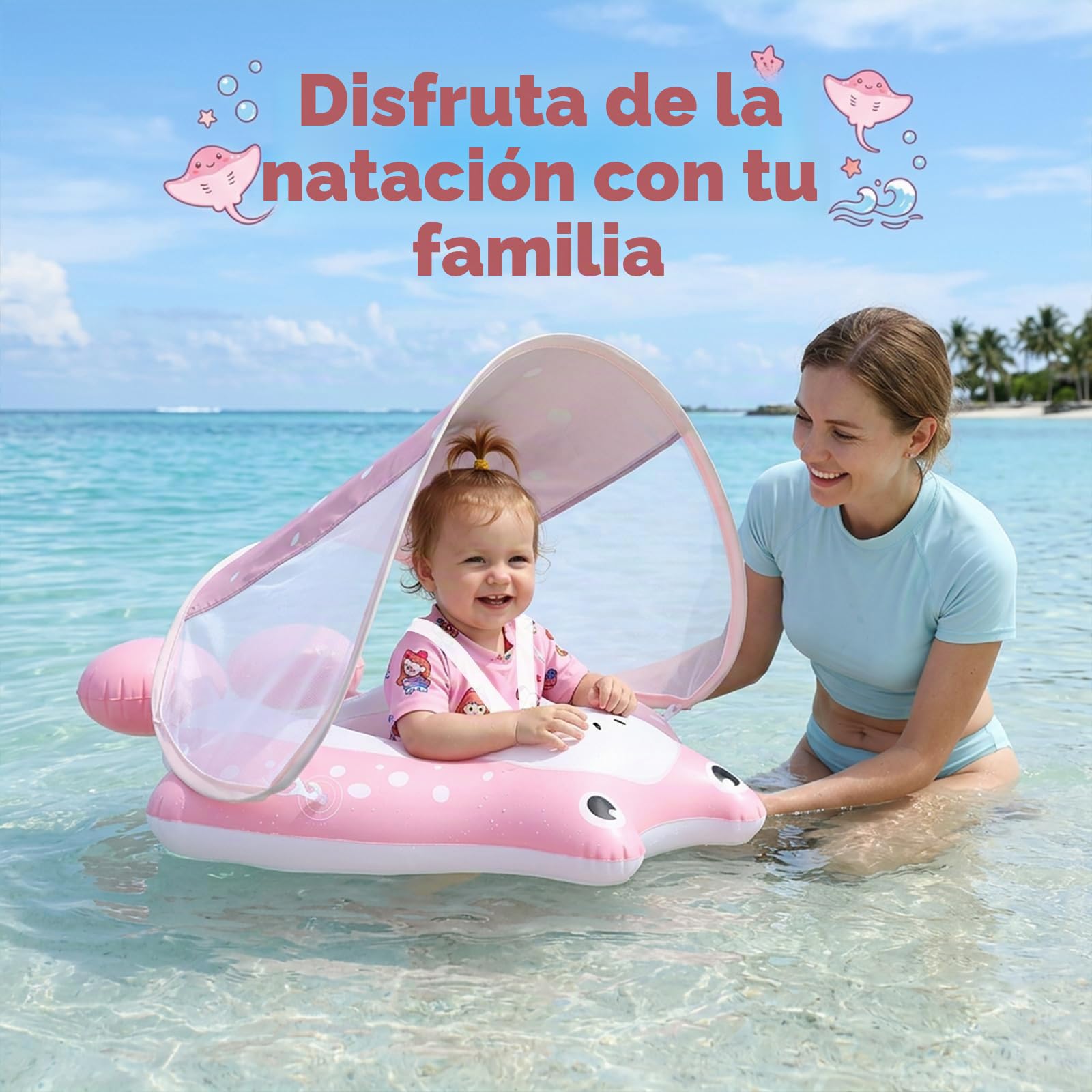Qoosea Anillo de Natación para Bebé de 6 Meses a 3 años, Inflable Anillo de Natación Niños con Dosel Solar Protector UPF50+, Flotador para Bebé, Boya de Verano Agua Juguete Boya Piscina
