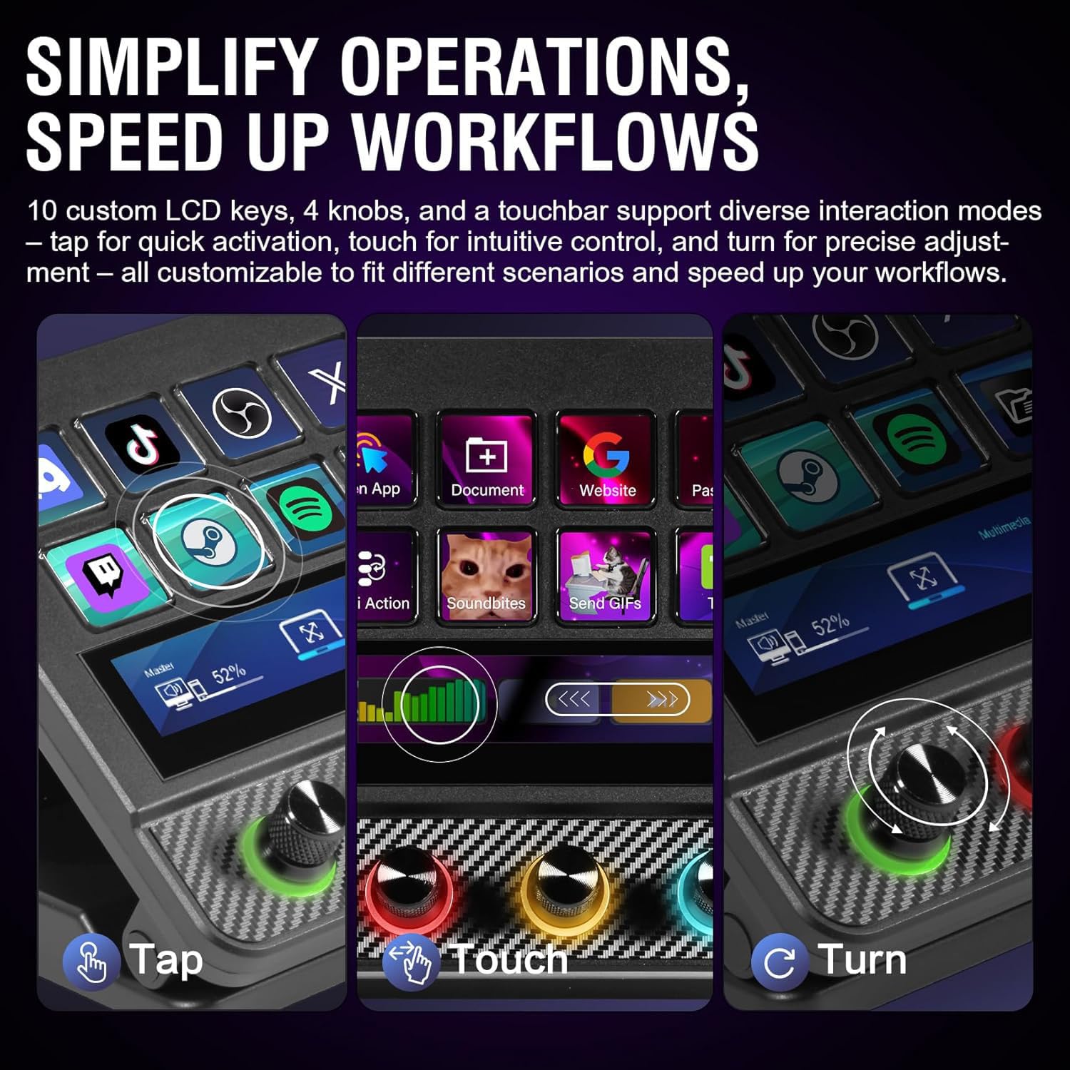 ActionRingxVSDinside N4 Pro Stream Dock:10 LCD-Tasten, 4 RGB-Dreh-Encoder&Touch-Leiste-Programmierbare Makro-Tastatur, Stream Controller Deck für Streaming, OBS, Twitch, Gaming, MIDI (PC/Mac)